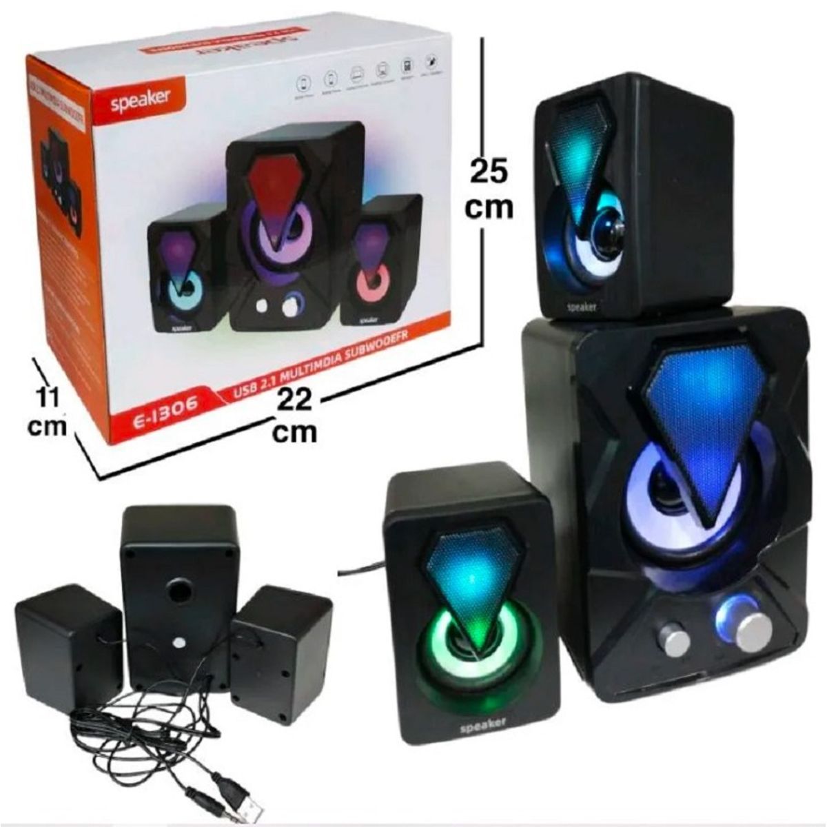 SEISA - Parlante Subwoofer Pc Iluminacion Rgb Cable Aux 35mm Color Negro