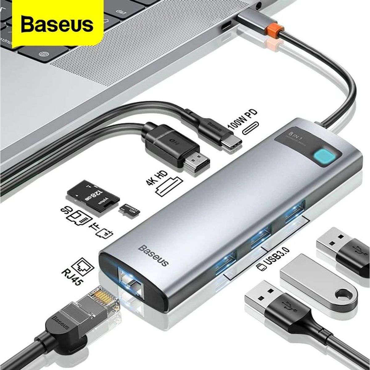 BASEUS - Adaptador Hub 8 en 1 a HDMI 60 Hz, Rj45, Sd, microSD, USB - Baseus