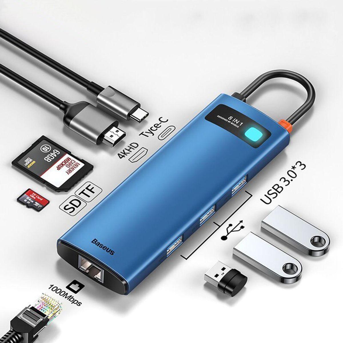 BASEUS - Adaptador Hub 8 en 1 a Hdmi, Rj45, Sd, microSD, USB - Baseus - Azul