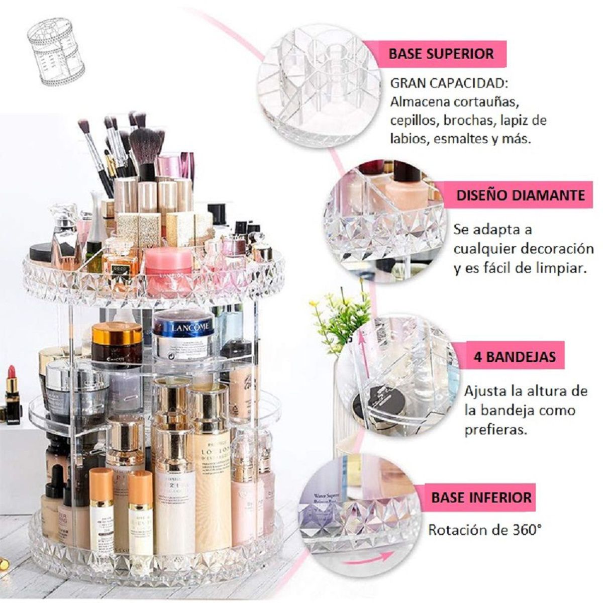 GENERICO - Organizador de Maquillaje Acrílico Giratorio 360 grados