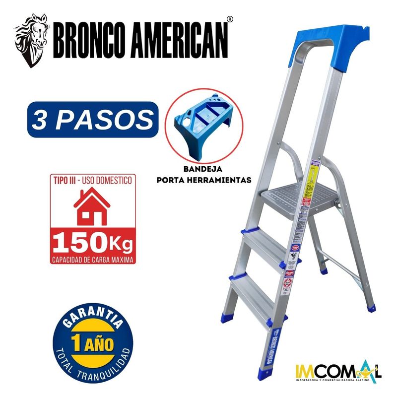 BRONCO AMERICAN - Escalera Aluminio Tipo Banqueta de 3 Pasos.