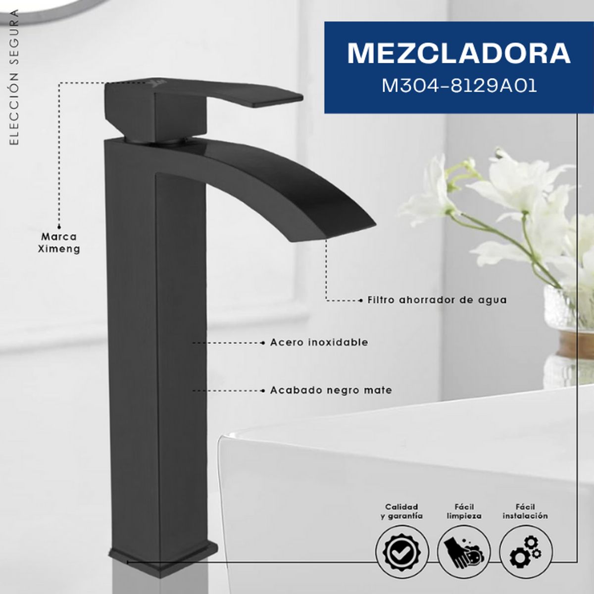 XM - MEZCLADORA MONOCOMANDO ALTO NEGRO CASCADA M304-8129A01