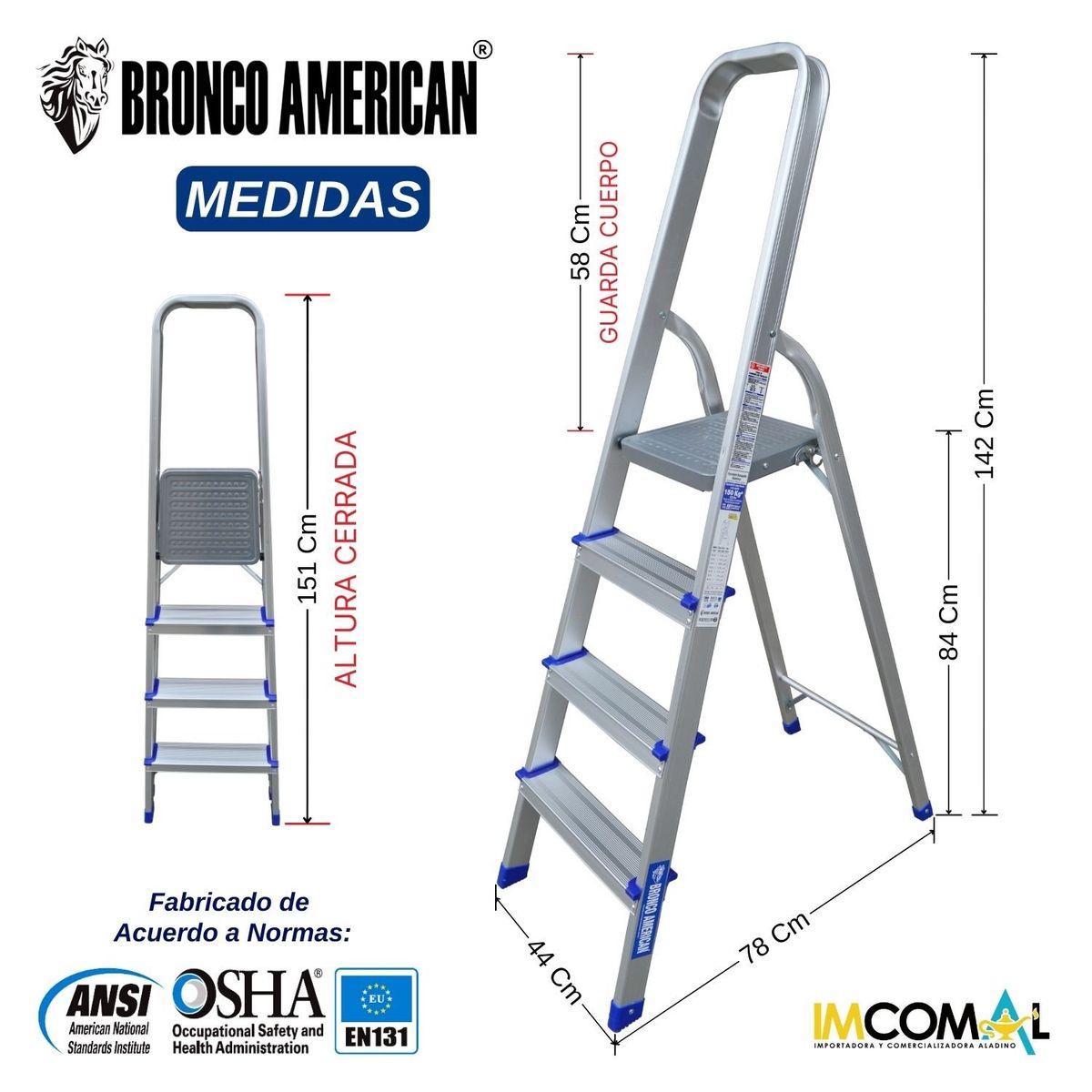 BRONCO AMERICAN - Escalera Aluminio Tipo Banqueta de 4 Pasos.
