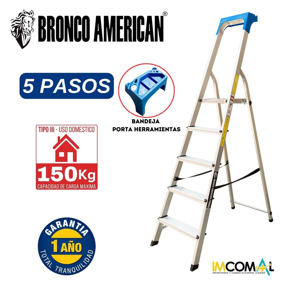 BRONCO AMERICAN - Escalera Aluminio Tipo Banqueta de 5 Pasos.