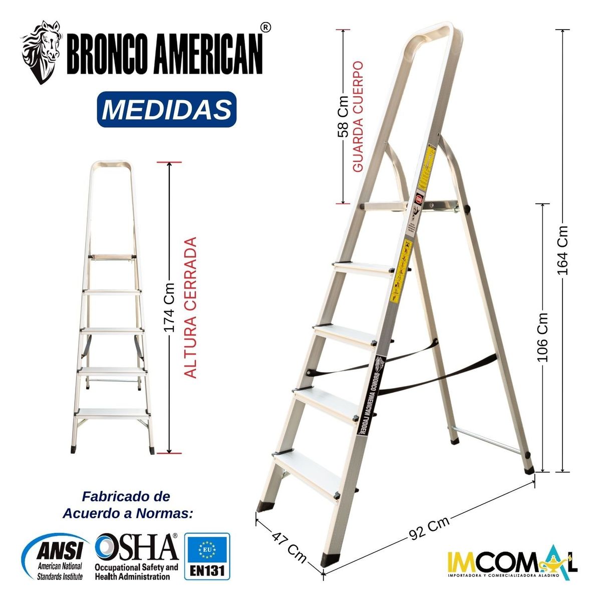 BRONCO AMERICAN - Escalera Aluminio Tipo Banqueta de 5 Pasos.