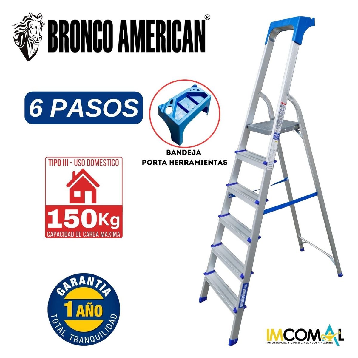 BRONCO AMERICAN - Escalera Aluminio Tipo Banqueta de 6 Pasos.