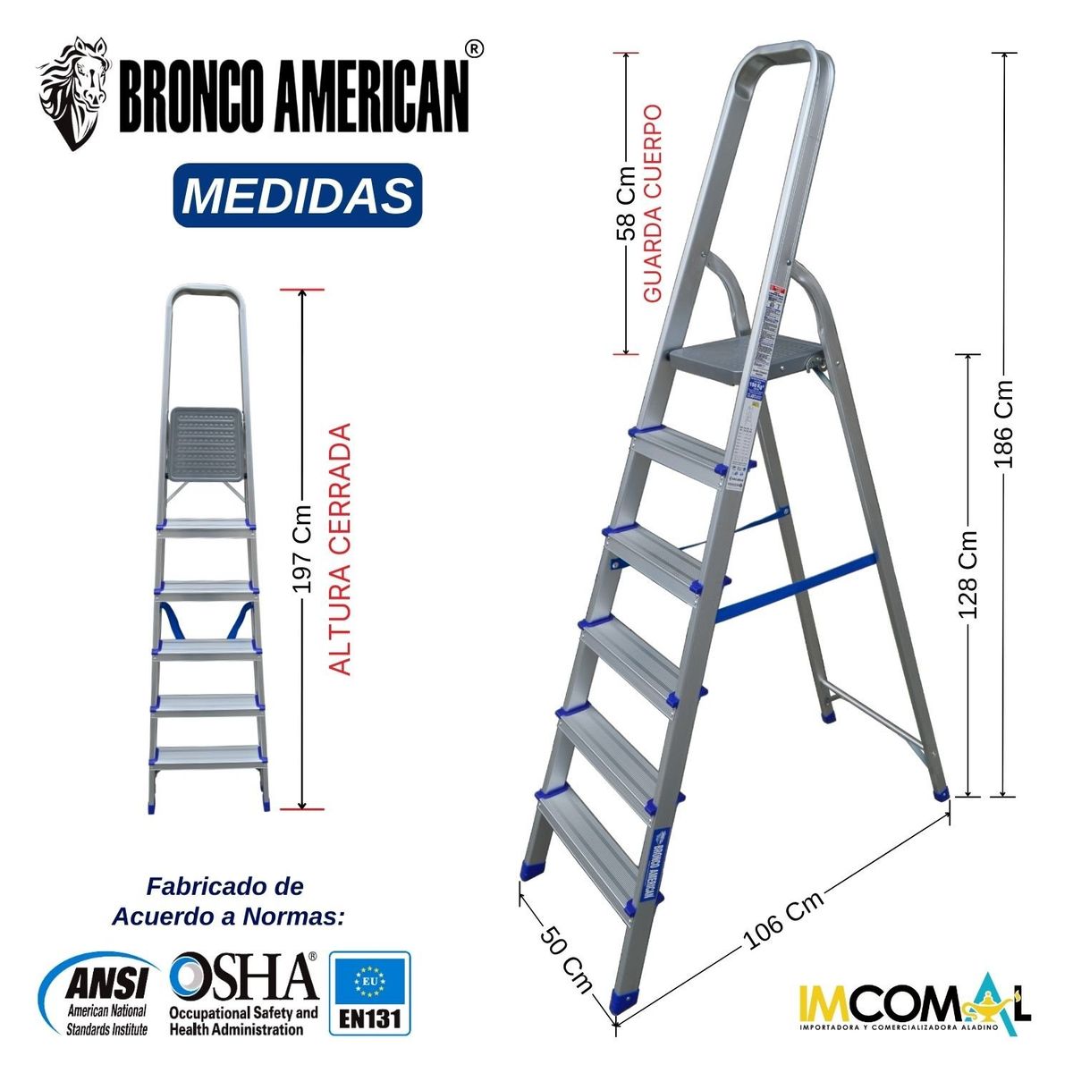 BRONCO AMERICAN - Escalera Aluminio Tipo Banqueta de 6 Pasos.