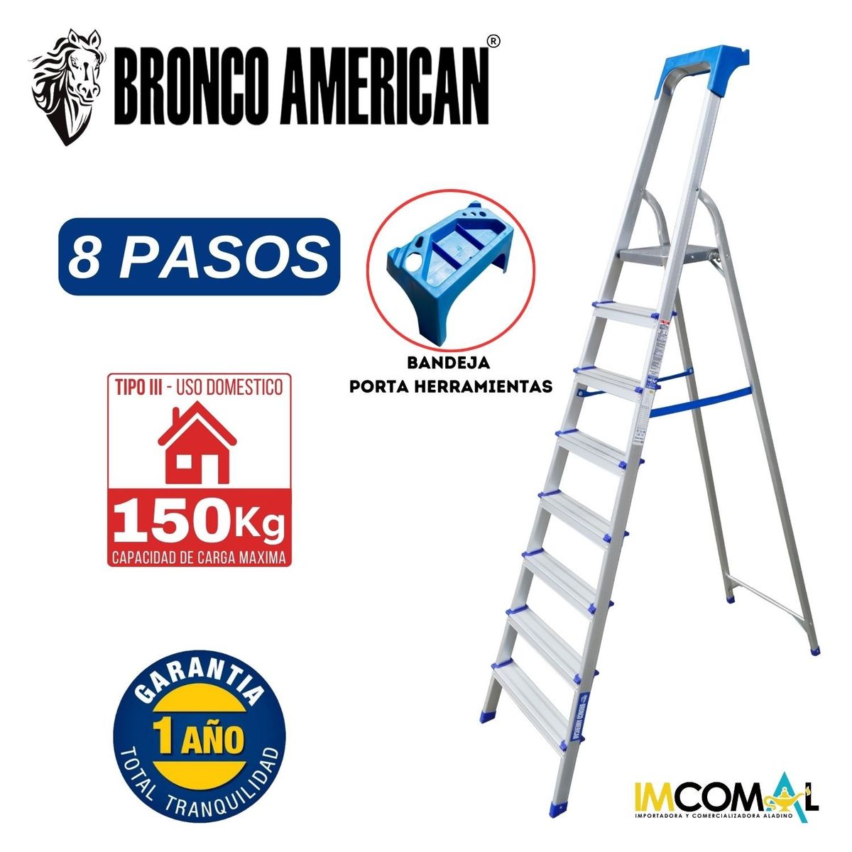 BRONCO AMERICAN - Escalera Aluminio Tipo Banqueta de 8 Pasos.