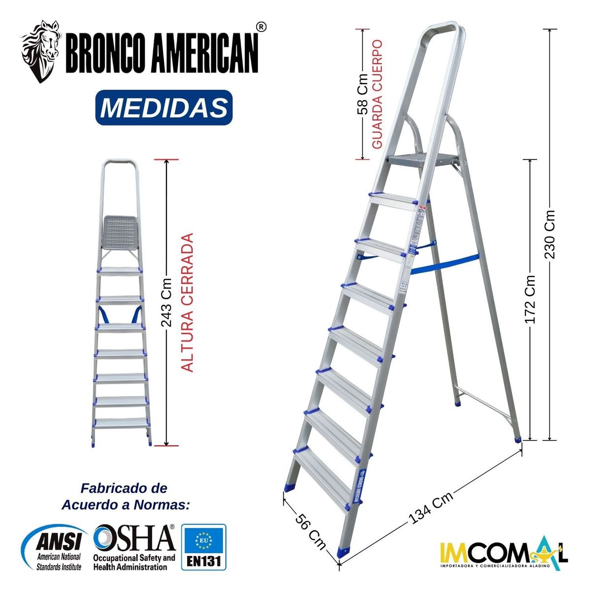 BRONCO AMERICAN - Escalera Aluminio Tipo Banqueta de 8 Pasos.