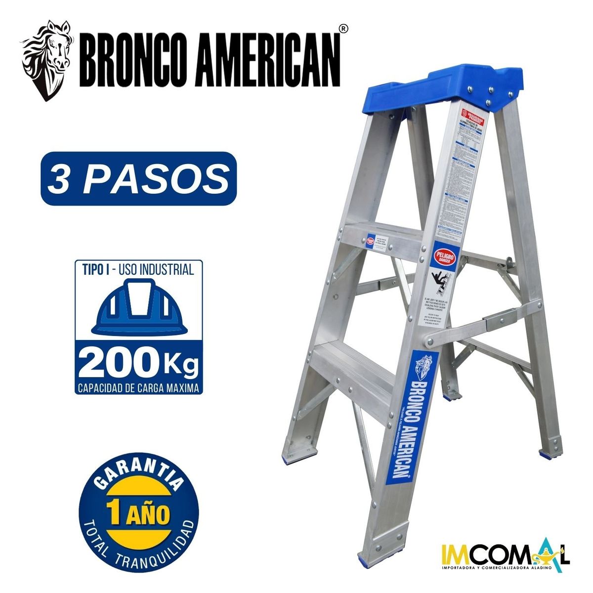 BRONCO AMERICAN - Escalera Aluminio Tijera Simple Ascenso de 3 Pasos.