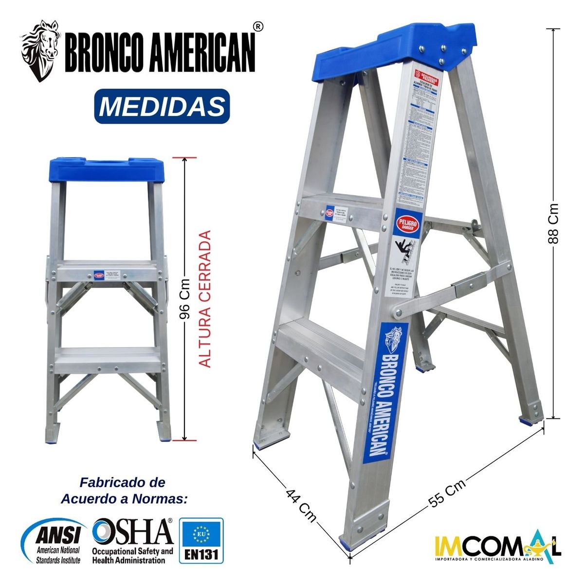 BRONCO AMERICAN - Escalera Aluminio Tijera Simple Ascenso de 3 Pasos.