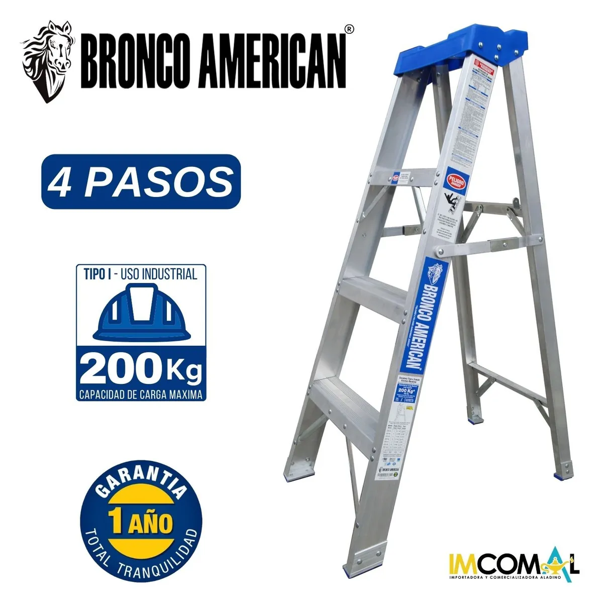 BRONCO AMERICAN - Escalera Aluminio Tijera Simple Ascenso de 4 Pasos.