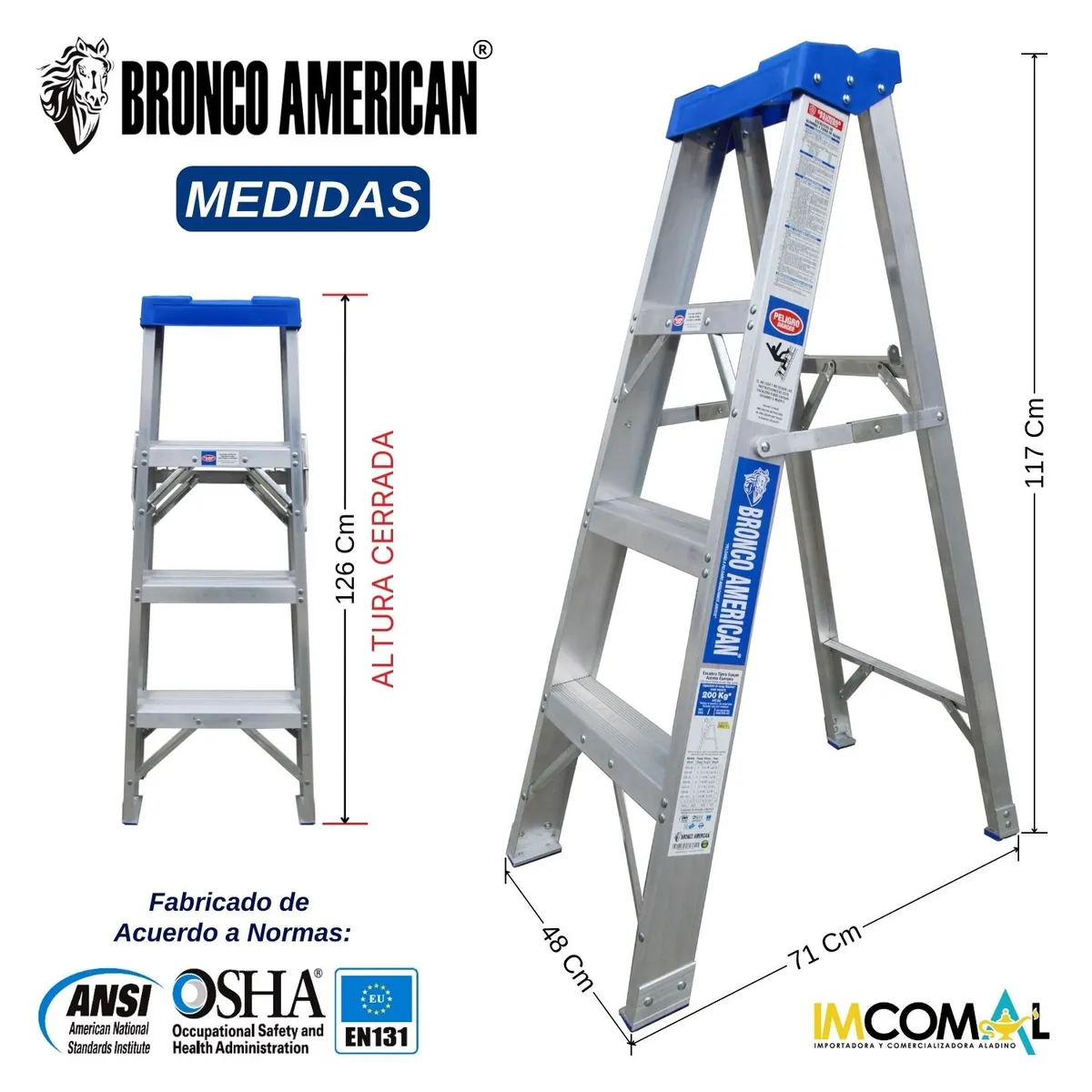 BRONCO AMERICAN - Escalera Aluminio Tijera Simple Ascenso de 4 Pasos.