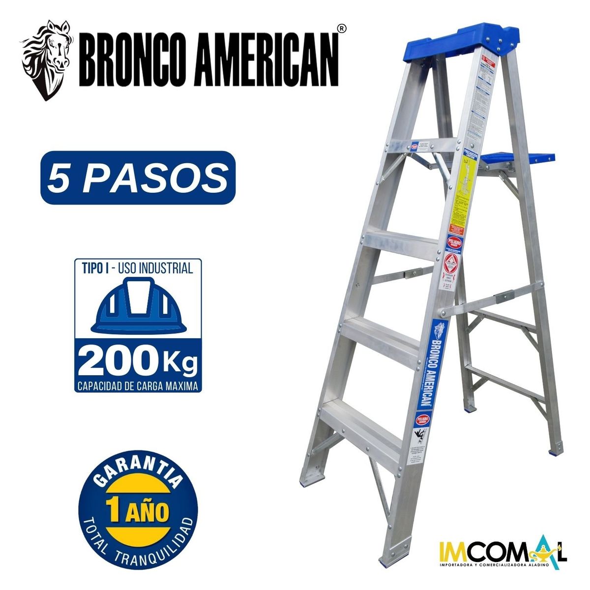 BRONCO AMERICAN - Escalera Aluminio Tijera Simple Ascenso de 5 Pasos.