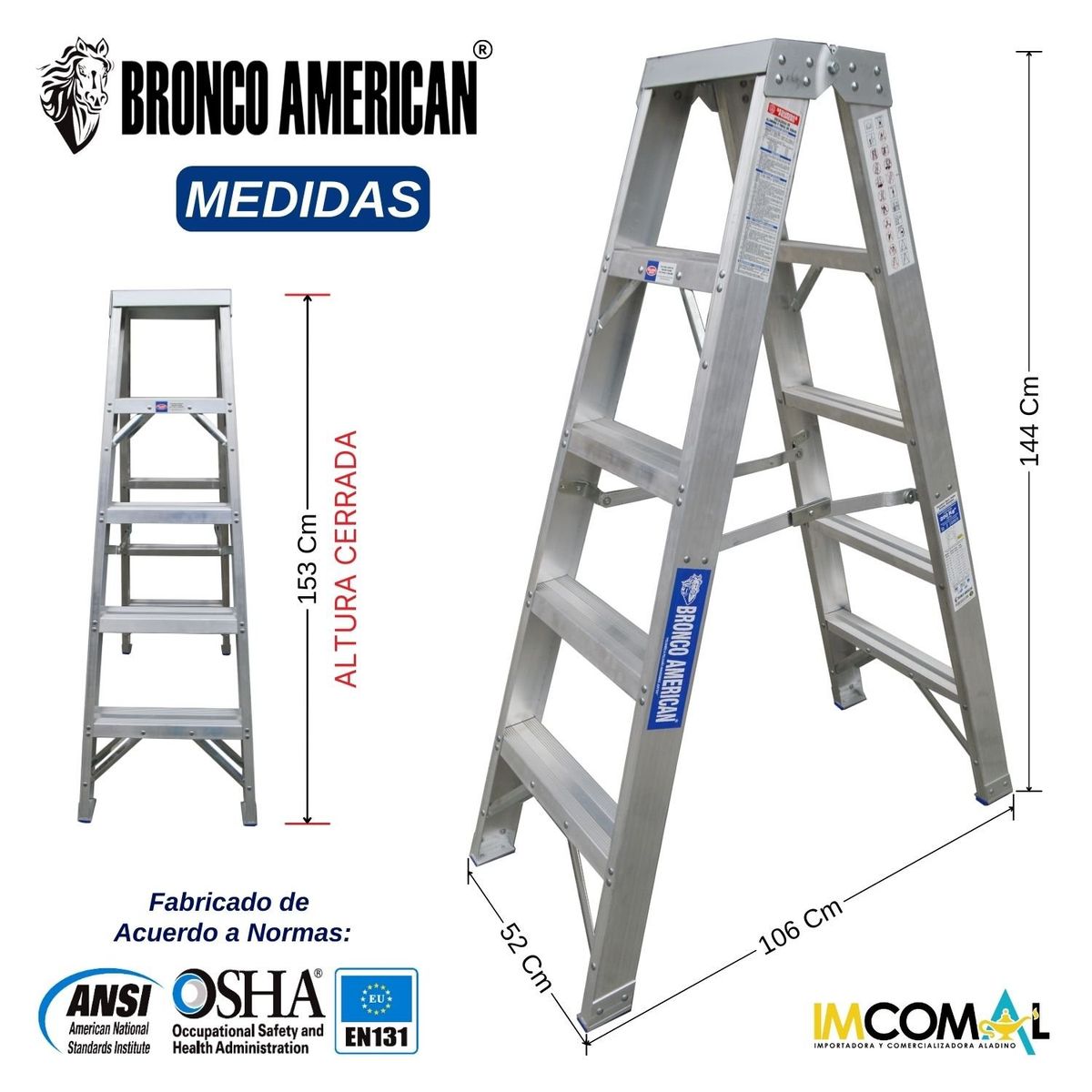 BRONCO AMERICAN - Escalera Aluminio Tijera Simple Ascenso de 5 Pasos.
