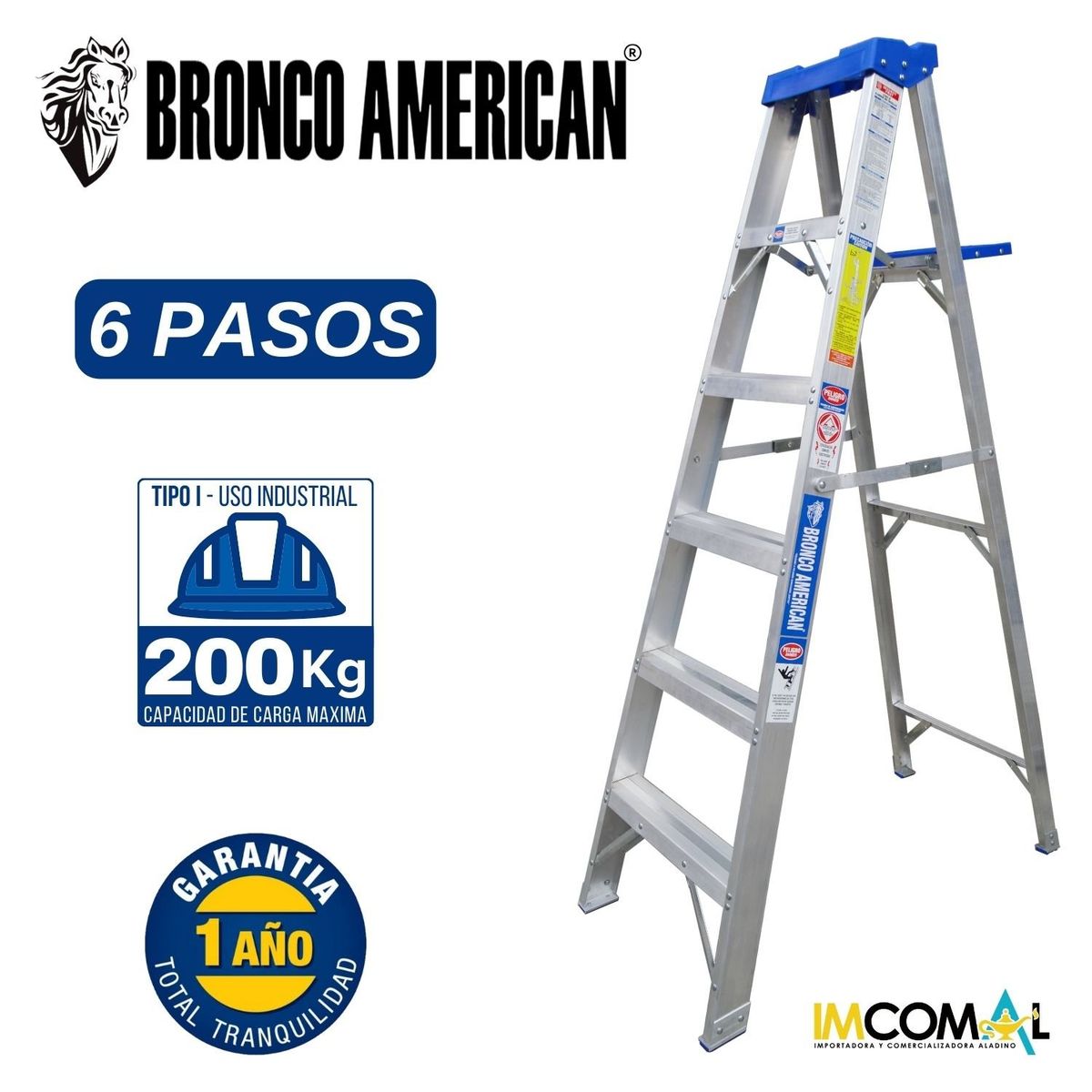 BRONCO AMERICAN - Escalera Aluminio Tijera Simple Ascenso de 6 Pasos.