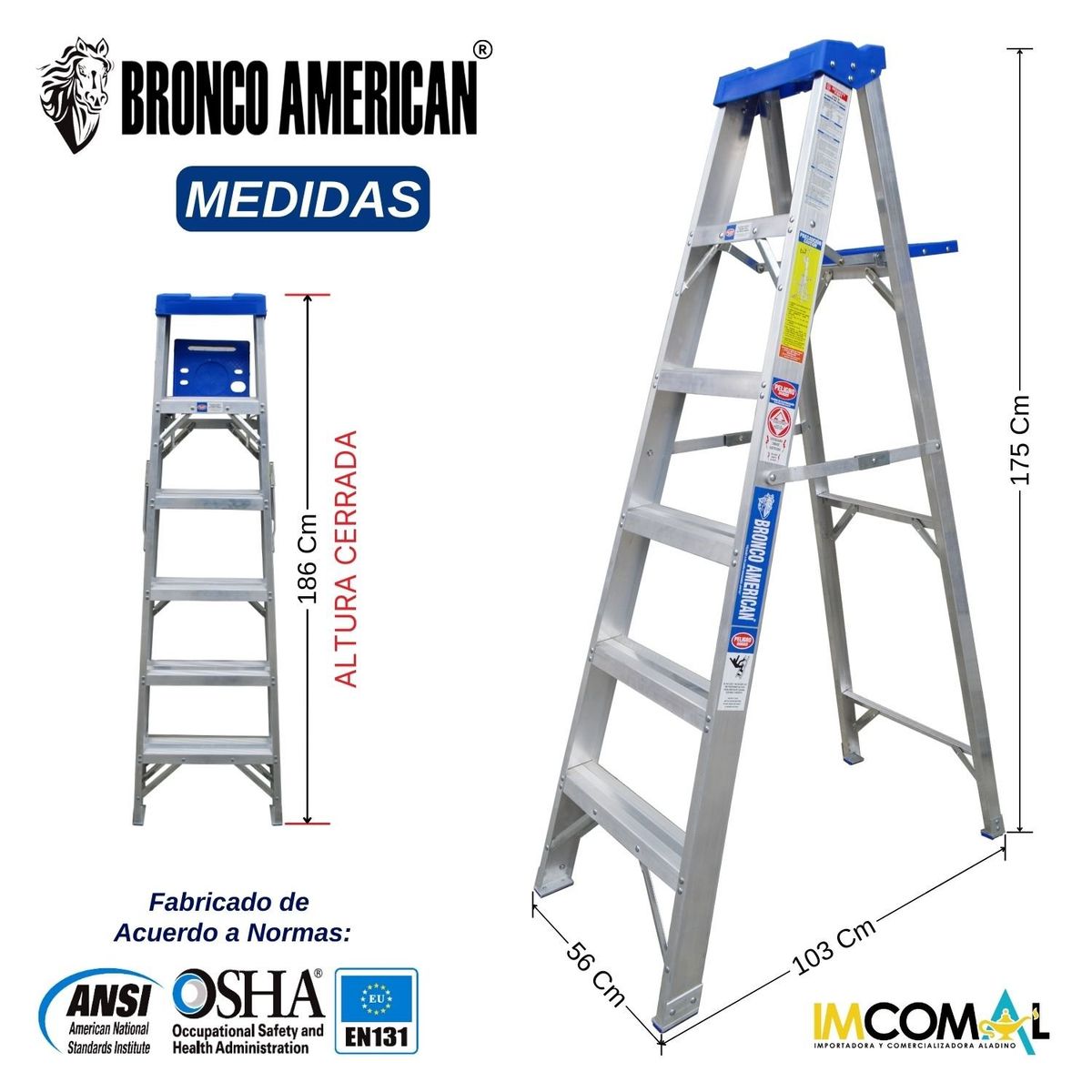 BRONCO AMERICAN - Escalera Aluminio Tijera Simple Ascenso de 6 Pasos.