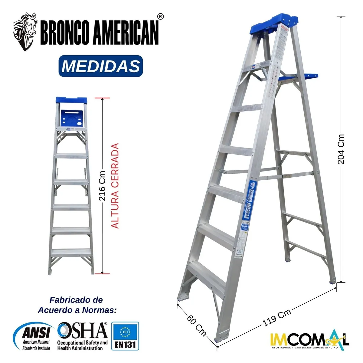 BRONCO AMERICAN - Escalera Aluminio Tijera Simple Ascenso de 7 Pasos.
