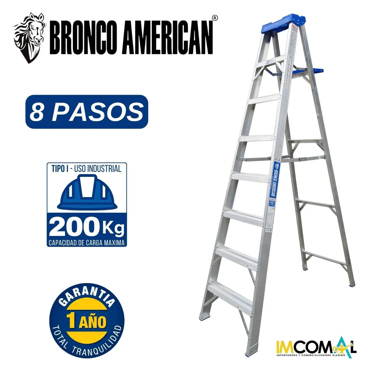 BRONCO AMERICAN - Escalera Aluminio Tijera Simple Ascenso de 8 Pasos.