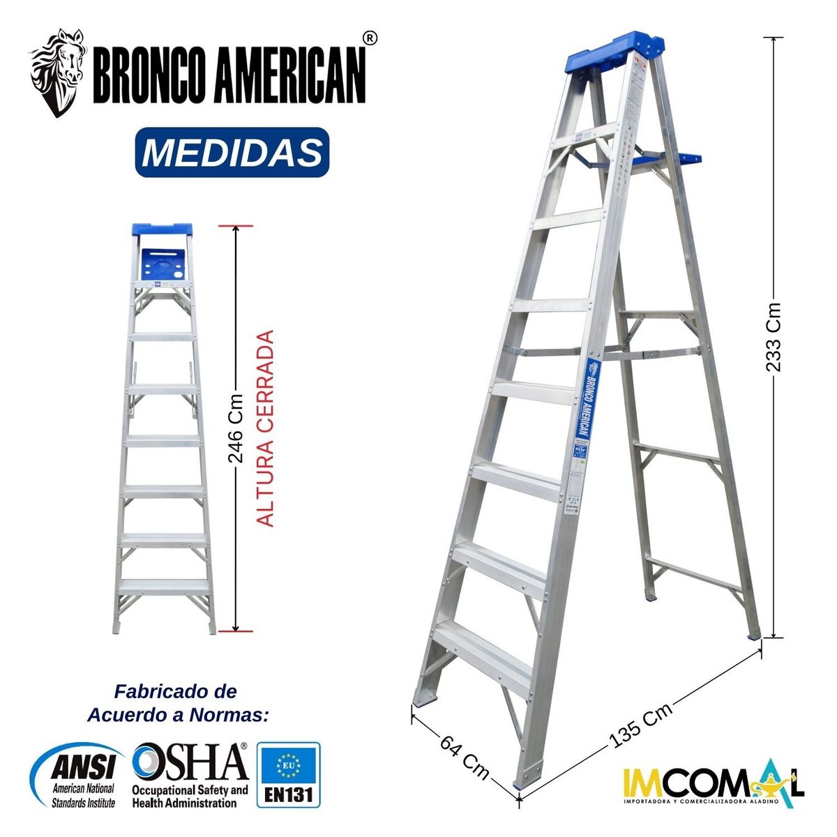BRONCO AMERICAN - Escalera Aluminio Tijera Simple Ascenso de 8 Pasos.