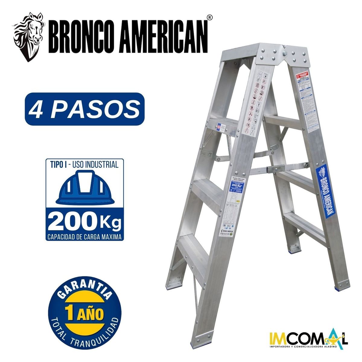 BRONCO AMERICAN - Escalera Aluminio Tijera Doble Ascenso de 4 Pasos.