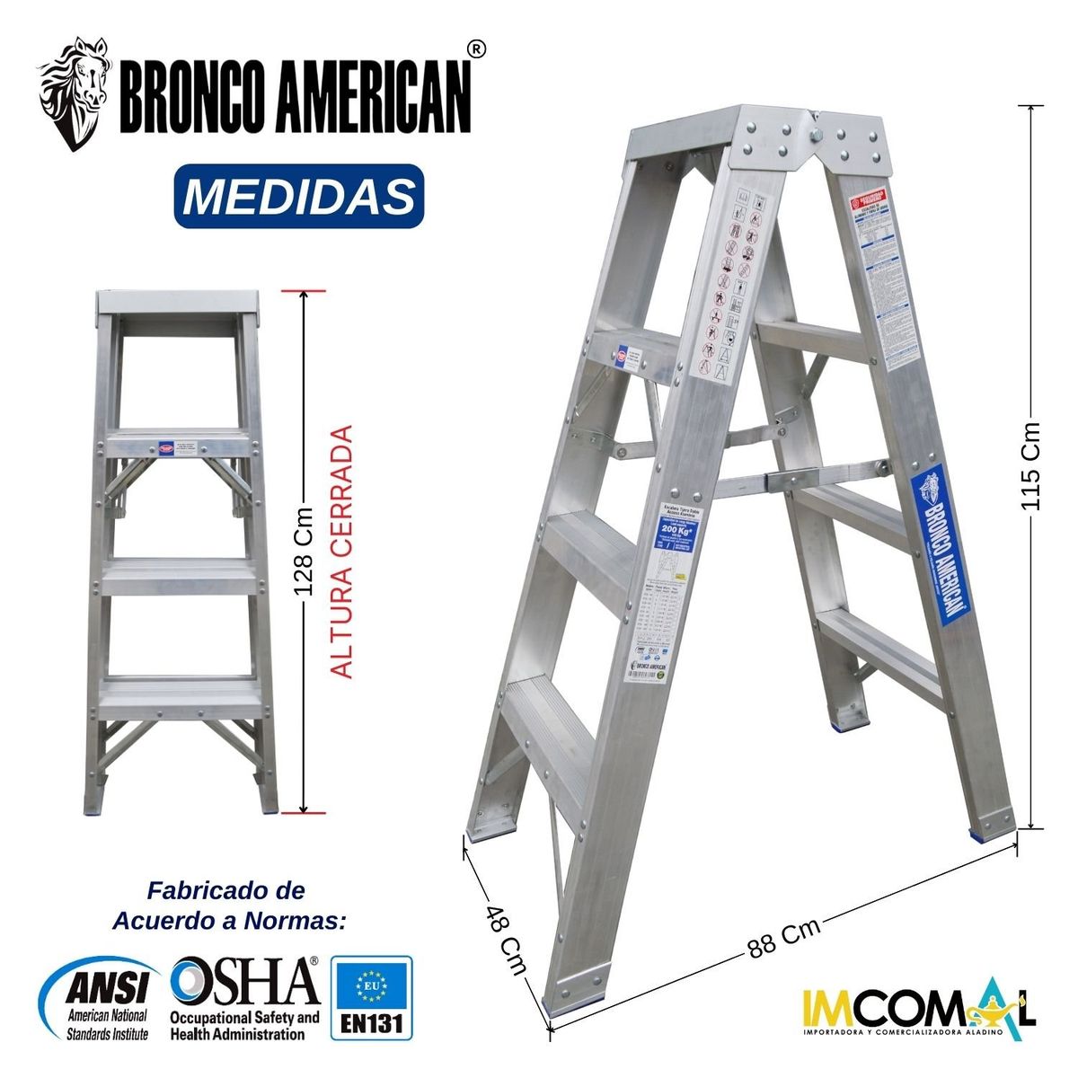 BRONCO AMERICAN - Escalera Aluminio Tijera Doble Ascenso de 4 Pasos.