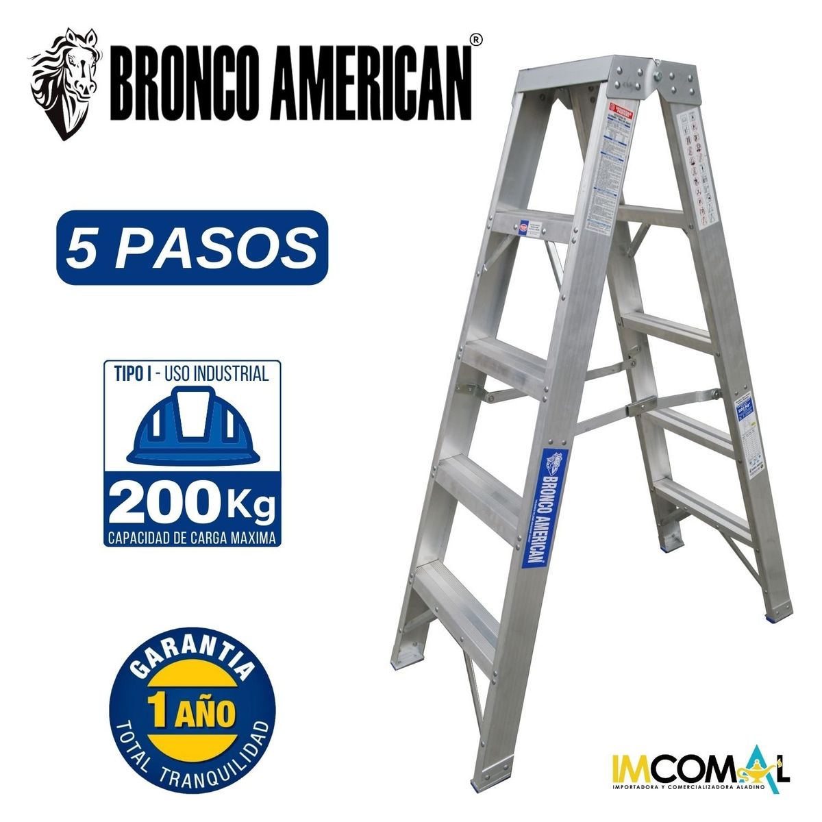 BRONCO AMERICAN - Escalera Aluminio Tijera Doble Ascenso de 5 Pasos.