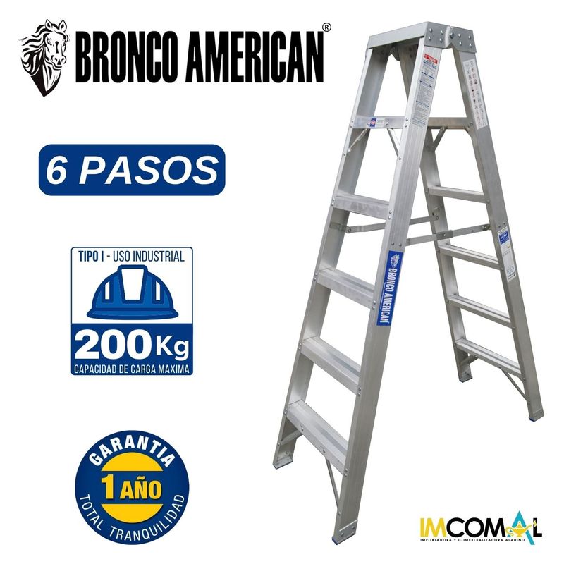 BRONCO AMERICAN - Escalera Aluminio Tijera Doble Ascenso de 6 Pasos.