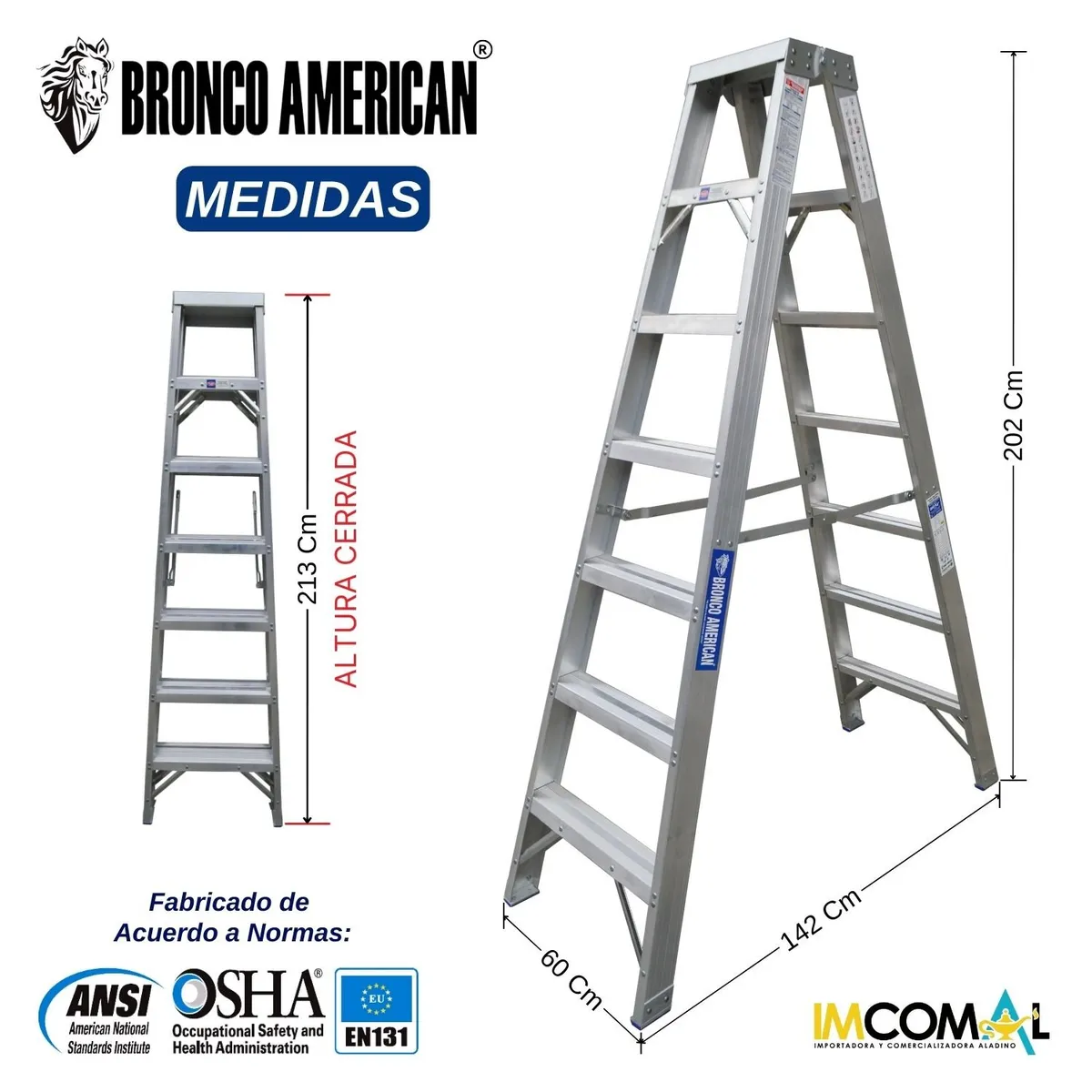 BRONCO AMERICAN - Escalera Aluminio Tijera Doble Ascenso de 7 Pasos.
