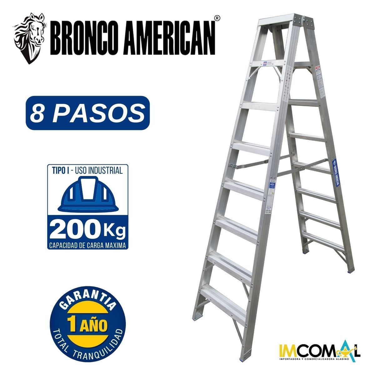 BRONCO AMERICAN - Escalera Aluminio Tijera Doble Ascenso de 8 Pasos.