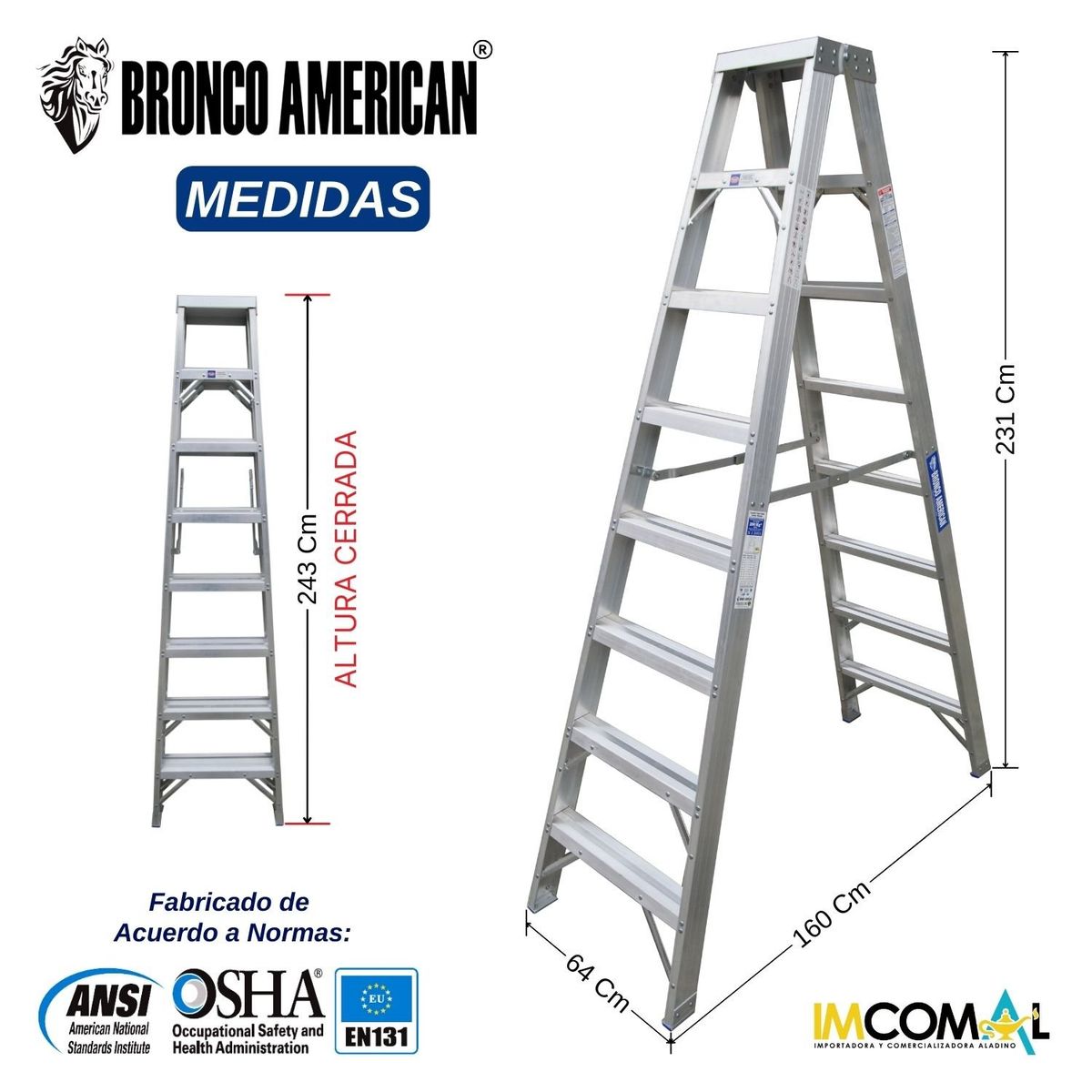BRONCO AMERICAN - Escalera Aluminio Tijera Doble Ascenso de 8 Pasos.