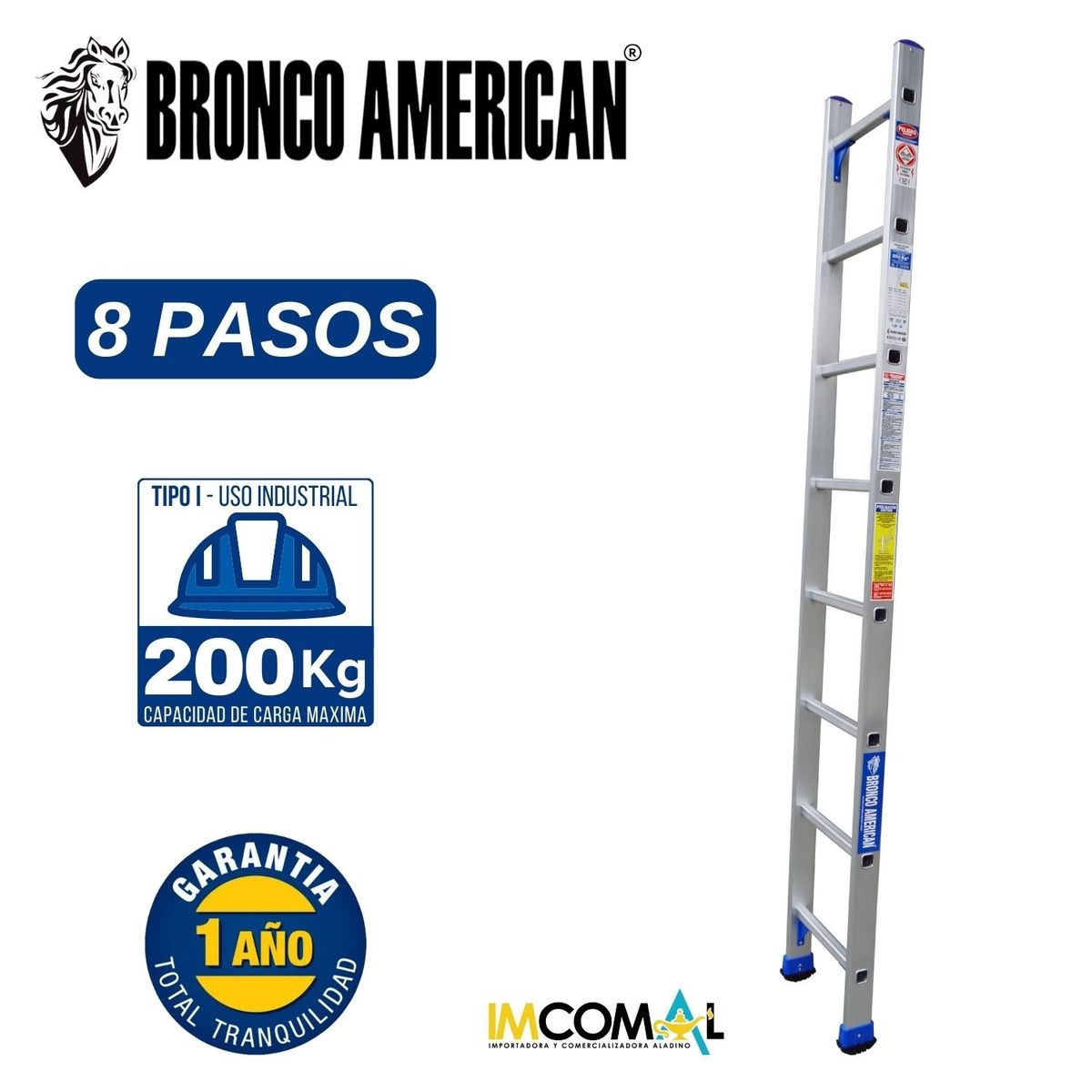 BRONCO AMERICAN - Escalera Aluminio Tipo Arrimo de 8 Pasos.