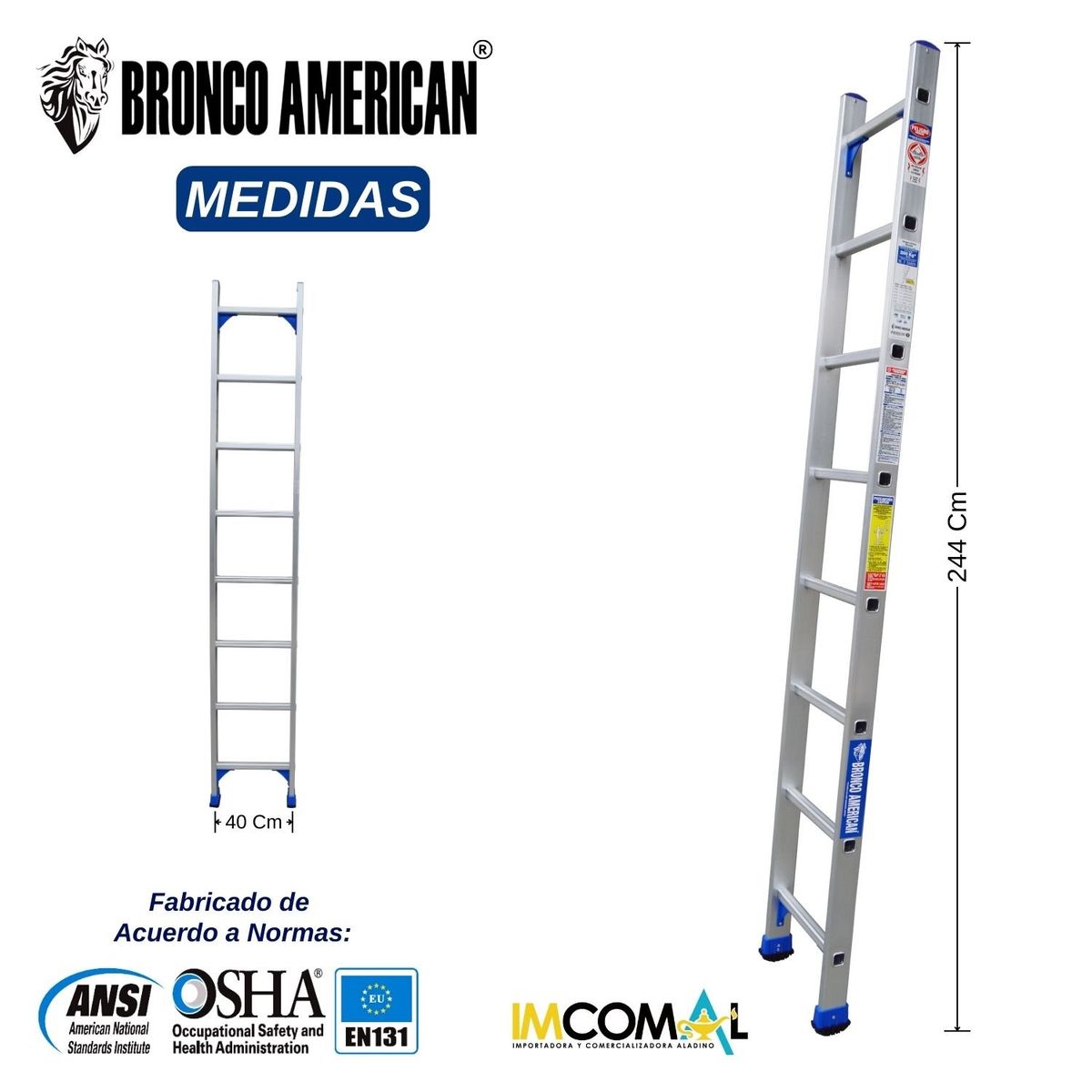 BRONCO AMERICAN - Escalera Aluminio Tipo Arrimo de 8 Pasos.