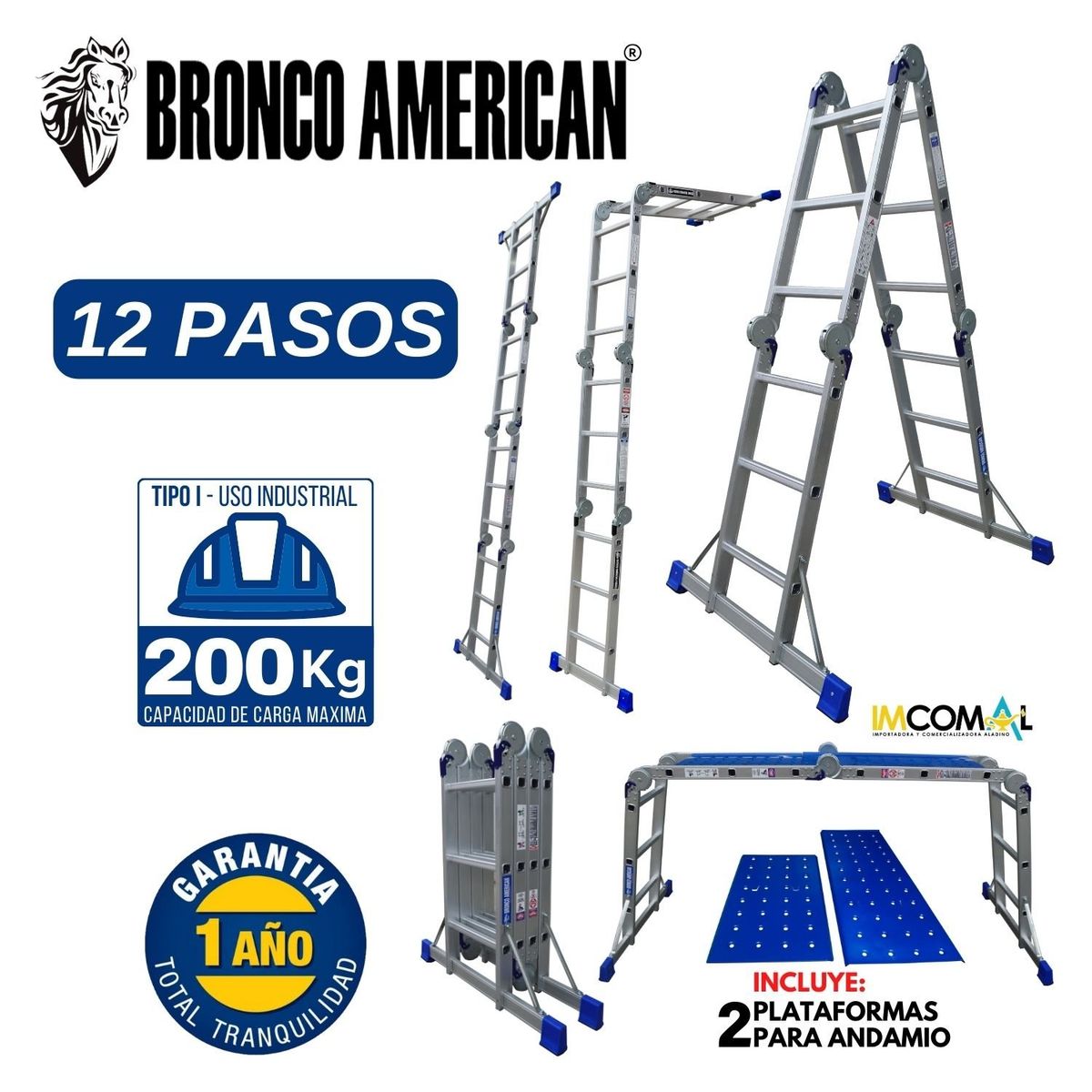 BRONCO AMERICAN - Escalera Aluminio Multiposición de 12 Pasos 4x4.