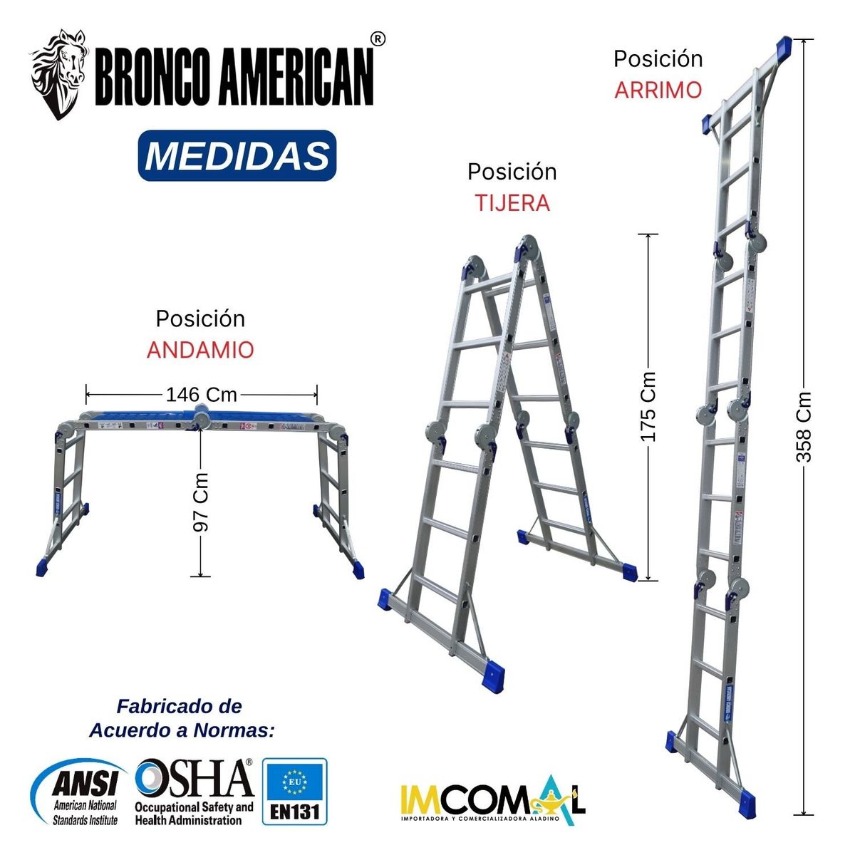 BRONCO AMERICAN - Escalera Aluminio Multiposición de 12 Pasos 4x4.
