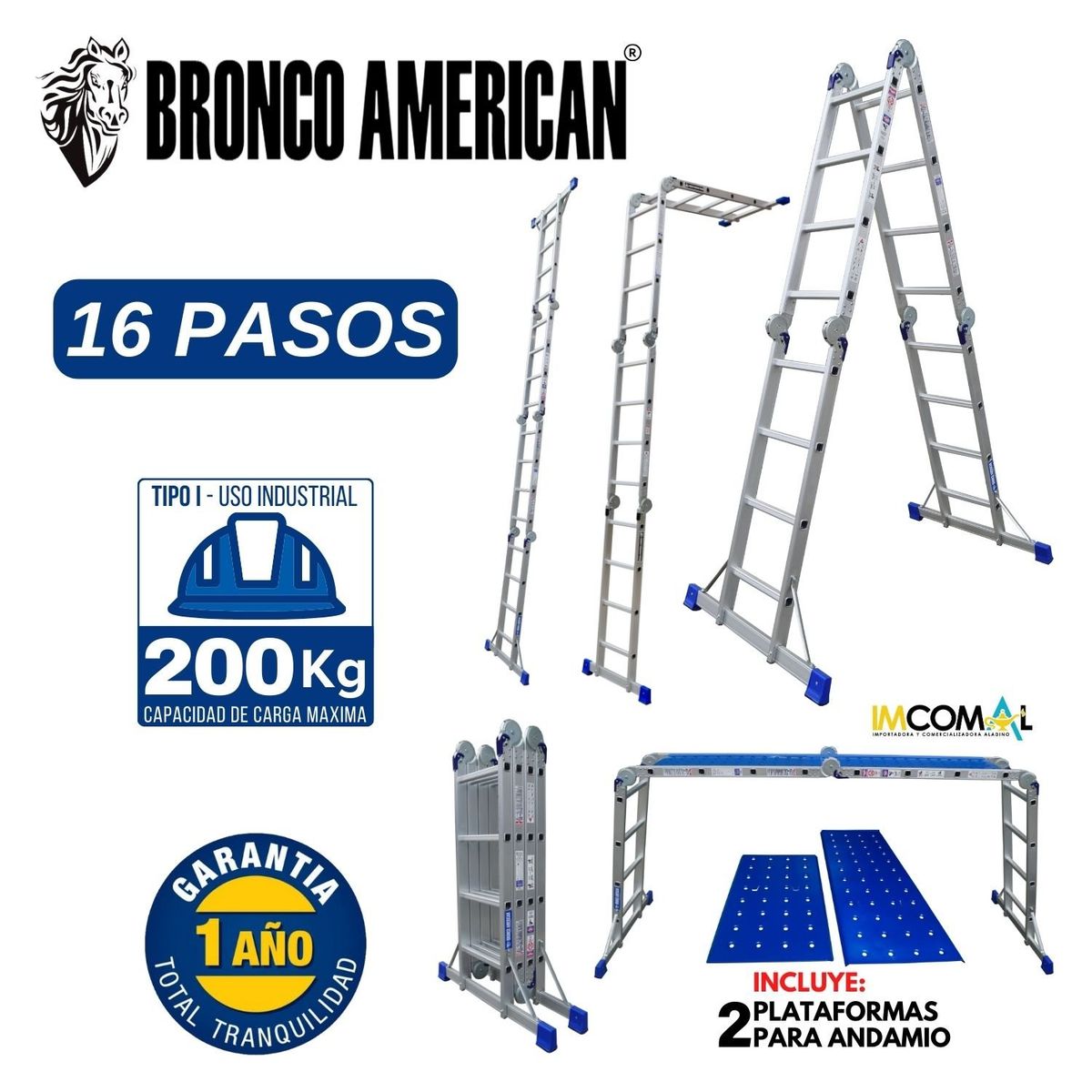 BRONCO AMERICAN - Escalera Aluminio Multiposición de 16 Pasos 4x4.