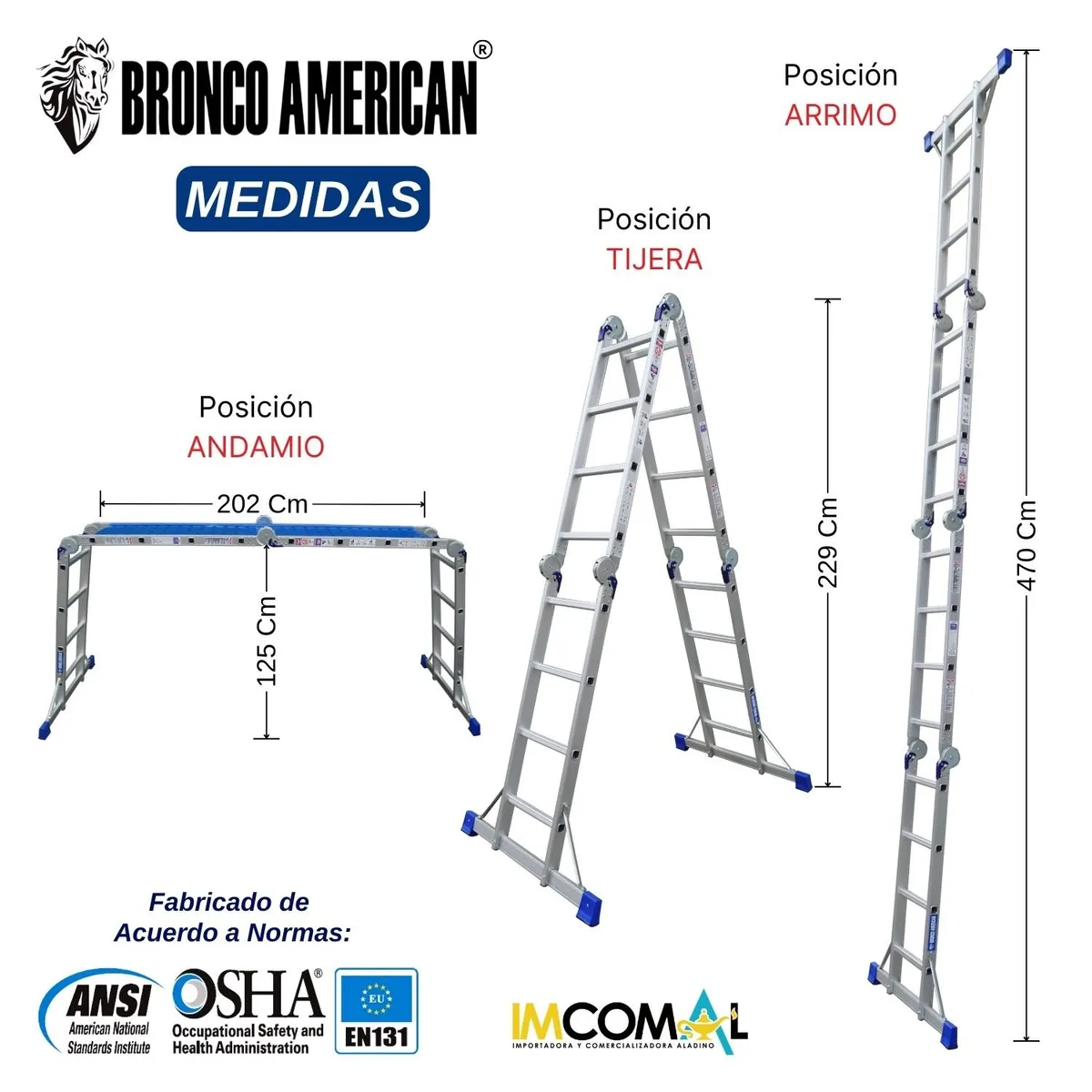 BRONCO AMERICAN - Escalera Aluminio Multiposición de 16 Pasos 4x4.