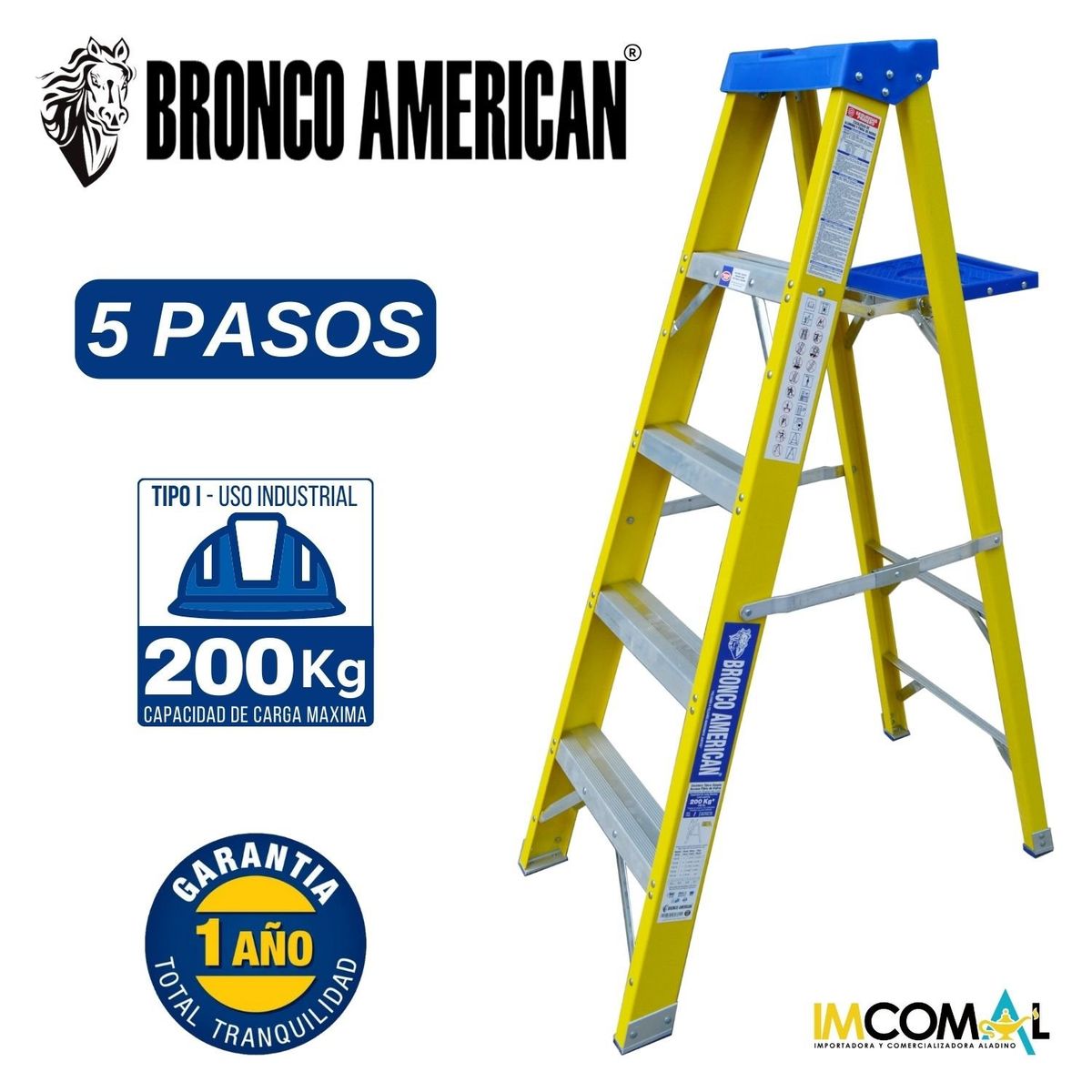BRONCO AMERICAN - Escalera Fibra de Vidrio Tijera Simple Ascenso de 5 Pasos.