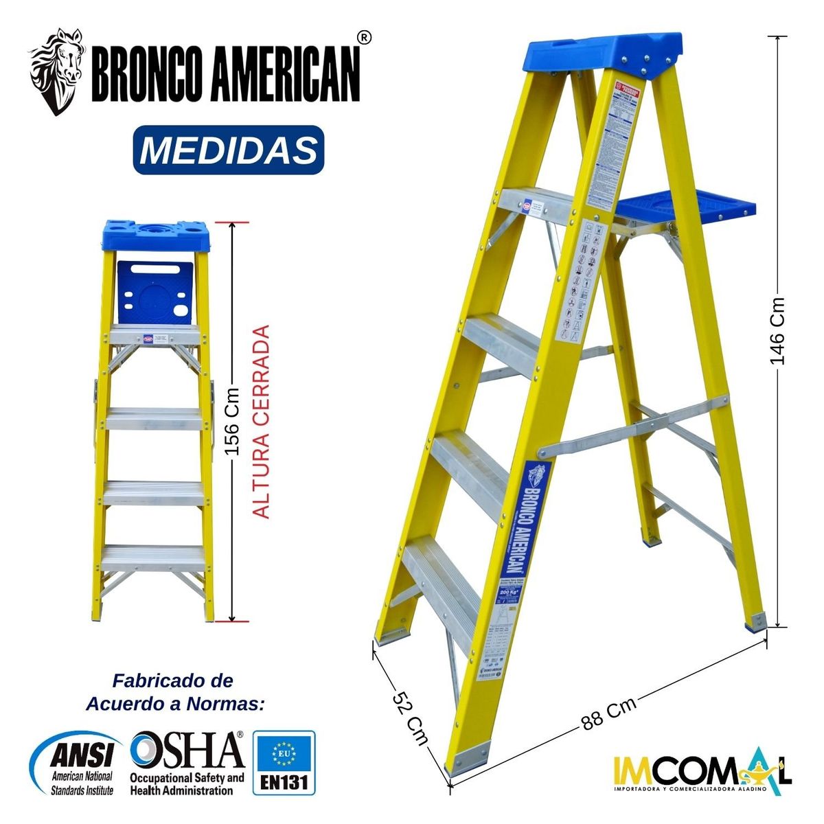BRONCO AMERICAN - Escalera Fibra de Vidrio Tijera Simple Ascenso de 5 Pasos.