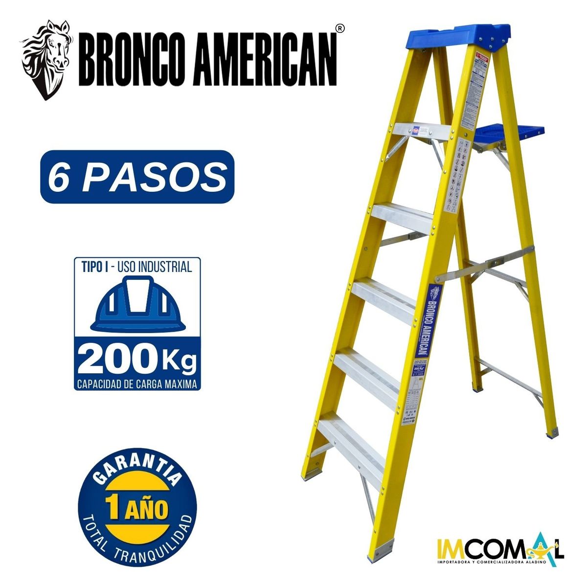 BRONCO AMERICAN - Escalera Fibra de Vidrio Tijera Simple Ascenso de 6 Pasos.
