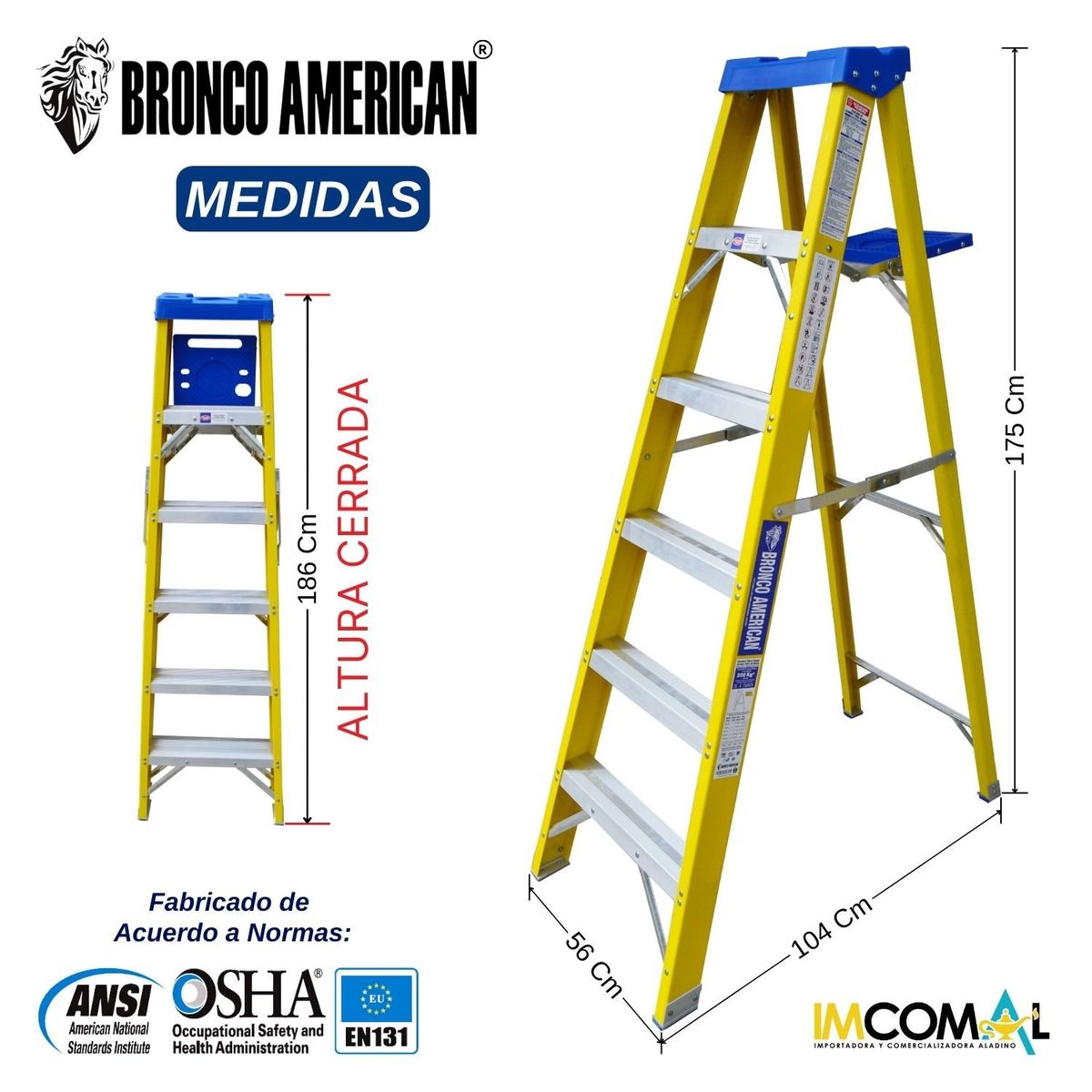 BRONCO AMERICAN - Escalera Fibra de Vidrio Tijera Simple Ascenso de 6 Pasos.