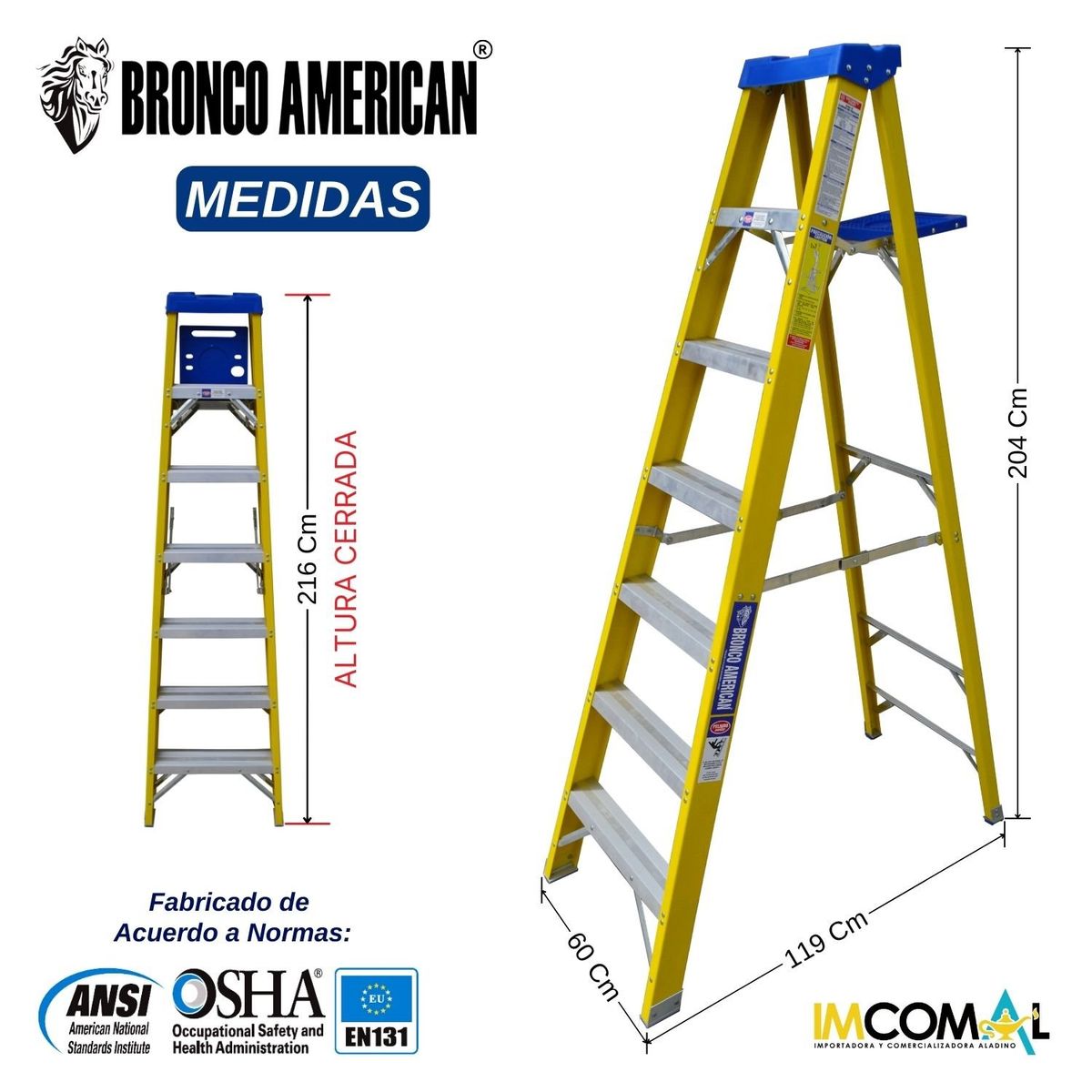 BRONCO AMERICAN - Escalera Fibra de Vidrio Tijera Simple Ascenso de 7 Pasos.