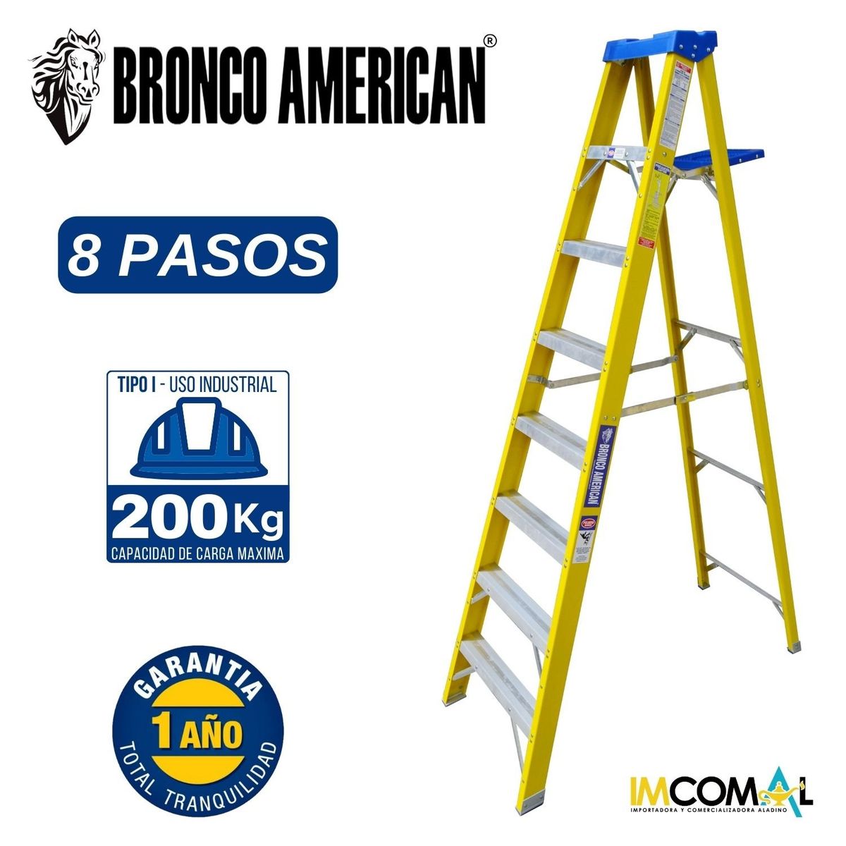 BRONCO AMERICAN - Escalera Fibra de Vidrio Tijera Simple Ascenso de 8 Pasos.