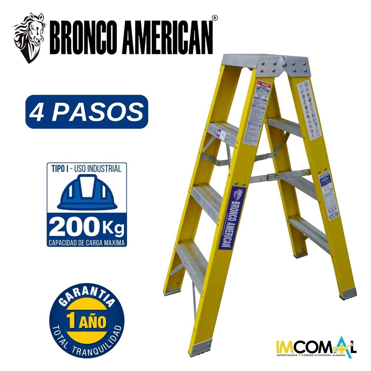 BRONCO AMERICAN - Escalera Fibra de Vidrio Tijera Doble Ascenso de 4 Pasos.