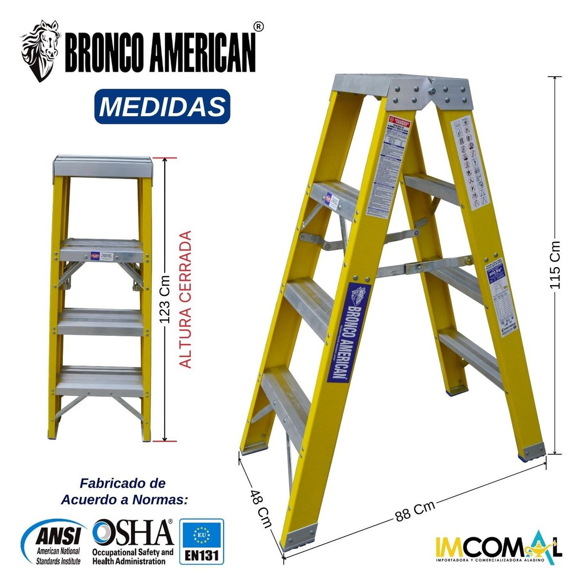 BRONCO AMERICAN - Escalera Fibra de Vidrio Tijera Doble Ascenso de 4 Pasos.