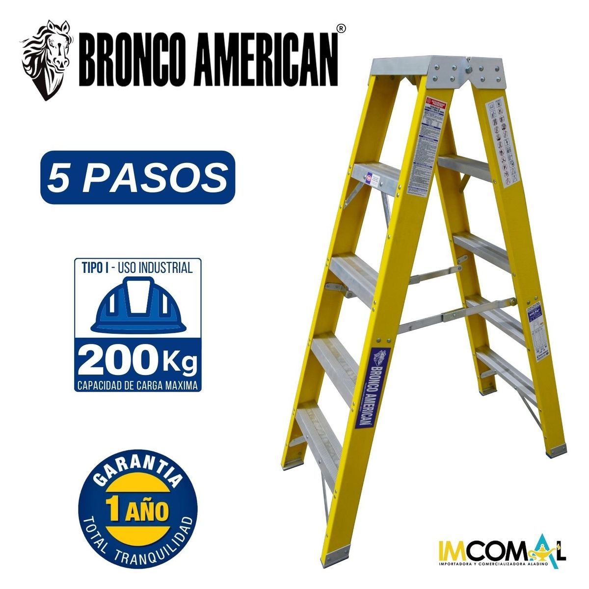 BRONCO AMERICAN - Escalera Fibra de Vidrio Tijera Doble Ascenso de 5 Pasos.