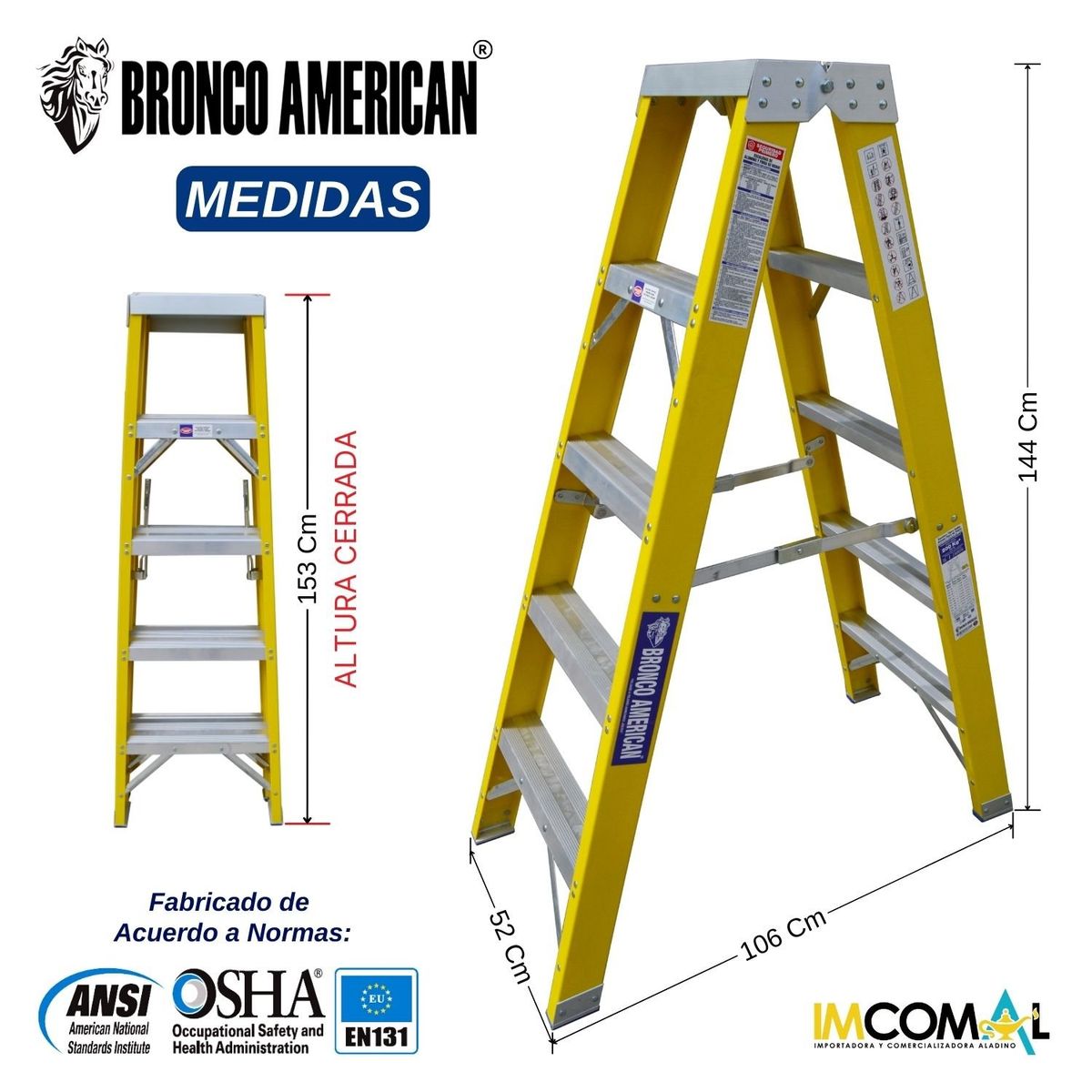 BRONCO AMERICAN - Escalera Fibra de Vidrio Tijera Doble Ascenso de 5 Pasos.