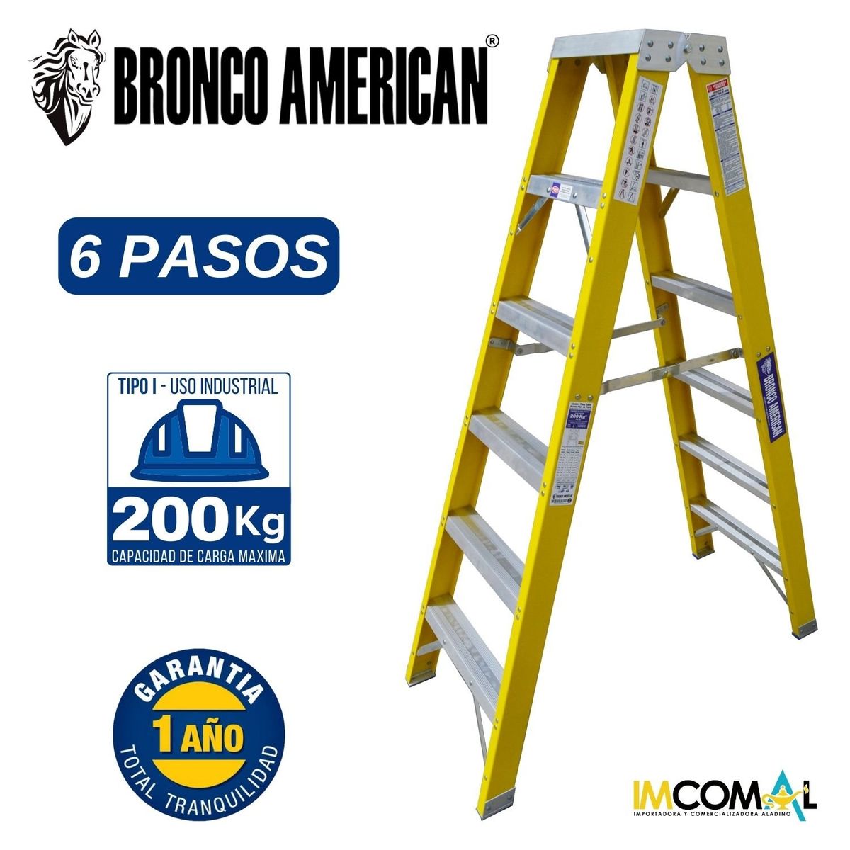 BRONCO AMERICAN - Escalera Fibra de Vidrio Tijera Doble Ascenso de 6 Pasos.