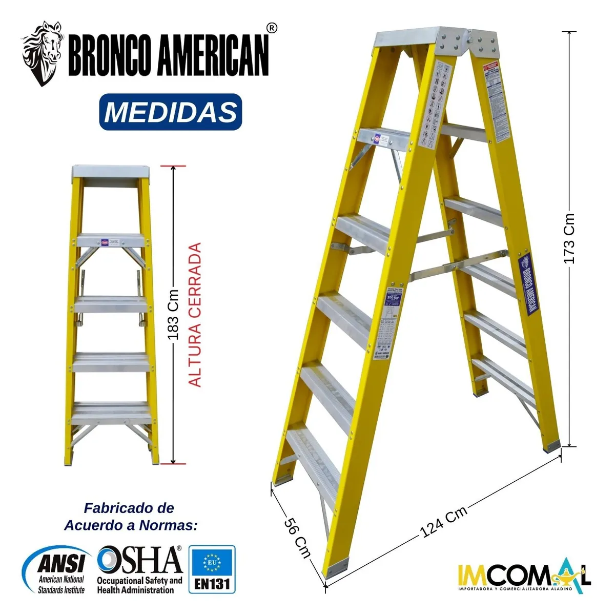 BRONCO AMERICAN - Escalera Fibra de Vidrio Tijera Doble Ascenso de 6 Pasos.