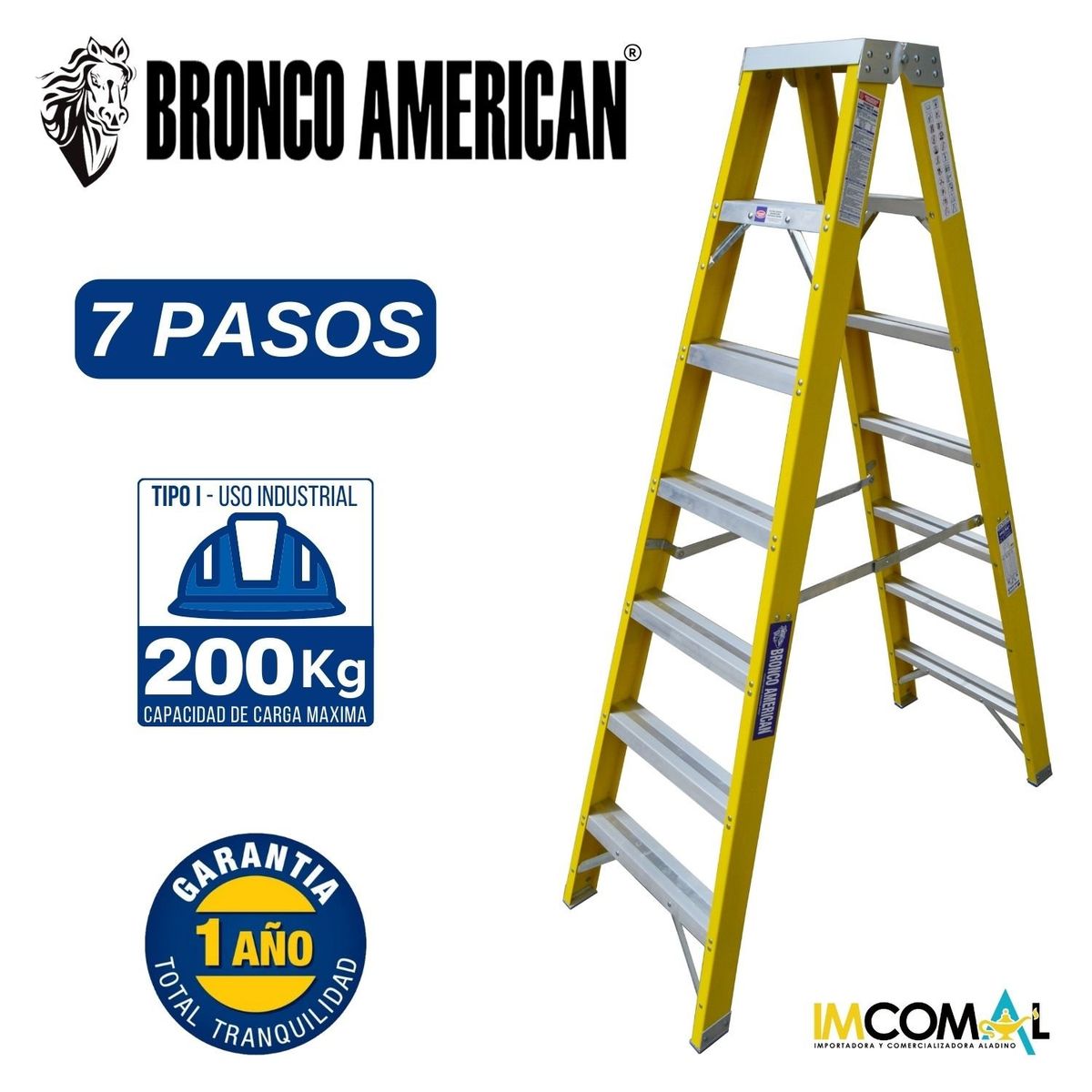BRONCO AMERICAN - Escalera Fibra de Vidrio Tijera Doble Ascenso de 7 Pasos.